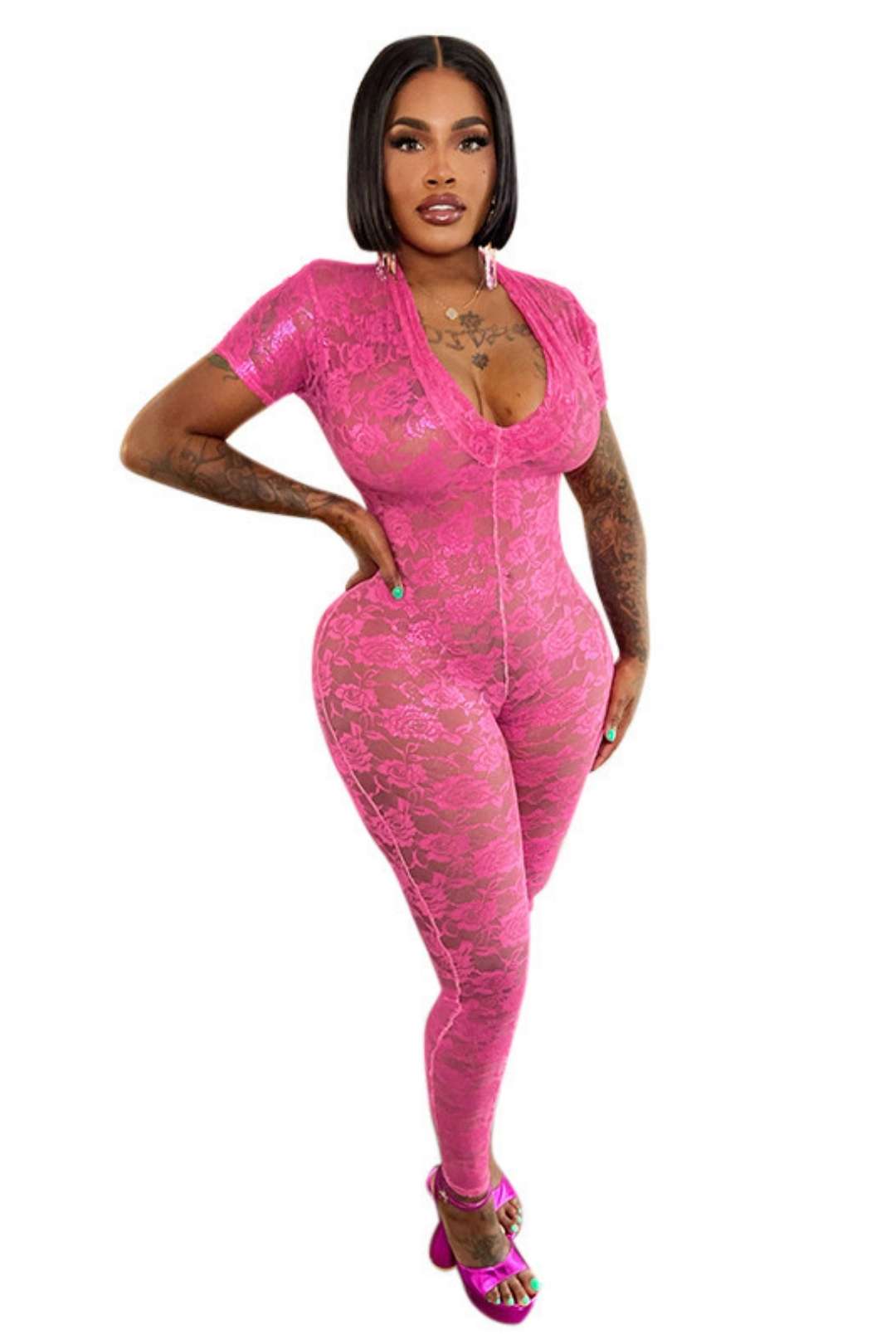 Deep V-neck Short-sleeved Tight Jumpsuit