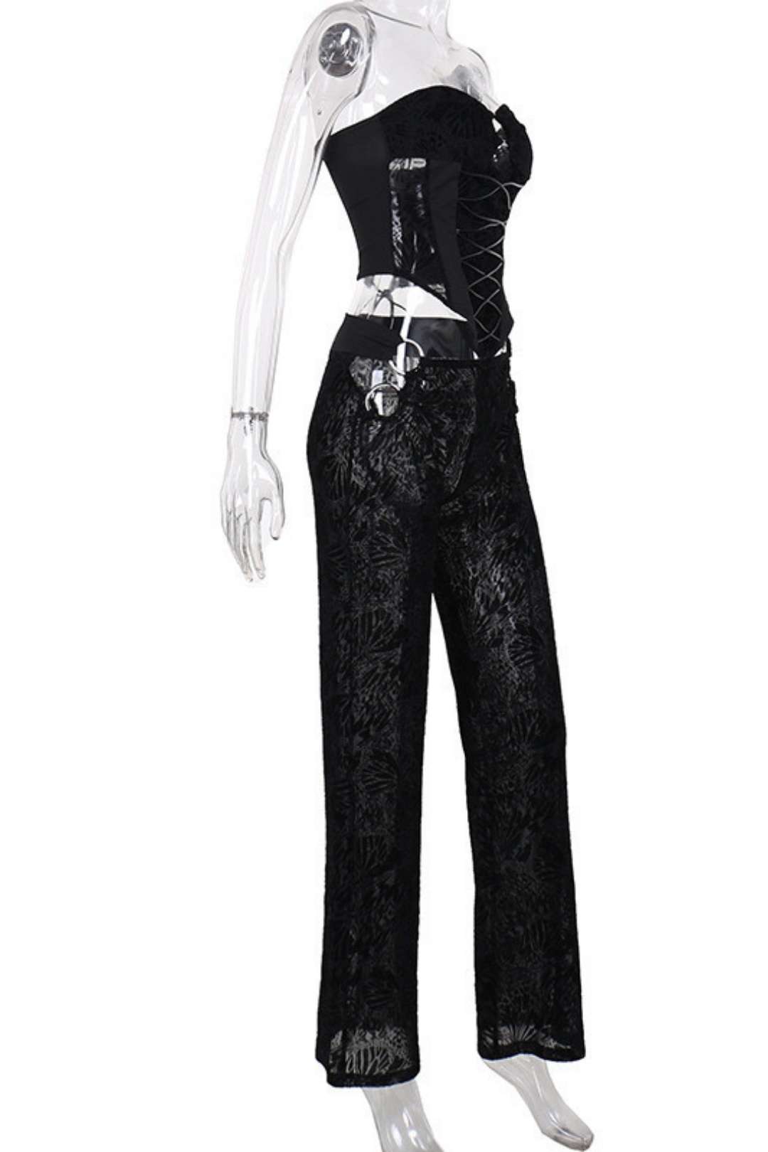 Flocking Strap Waist Tube Top And Trousers Suit