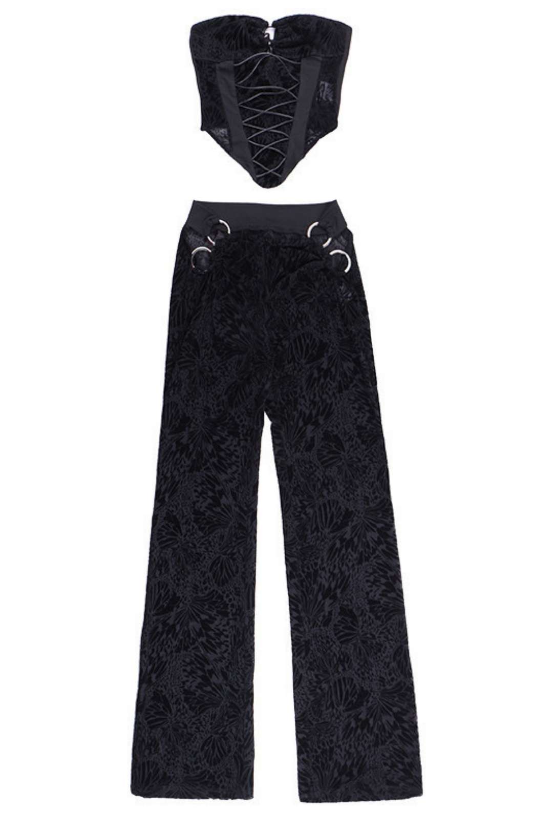 Flocking Strap Waist Tube Top And Trousers Suit
