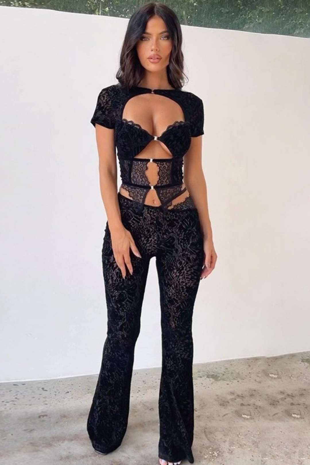 Jacquard Lace Hollow Strap Top And High-waisted Straight-leg Slightly Flared Trousers