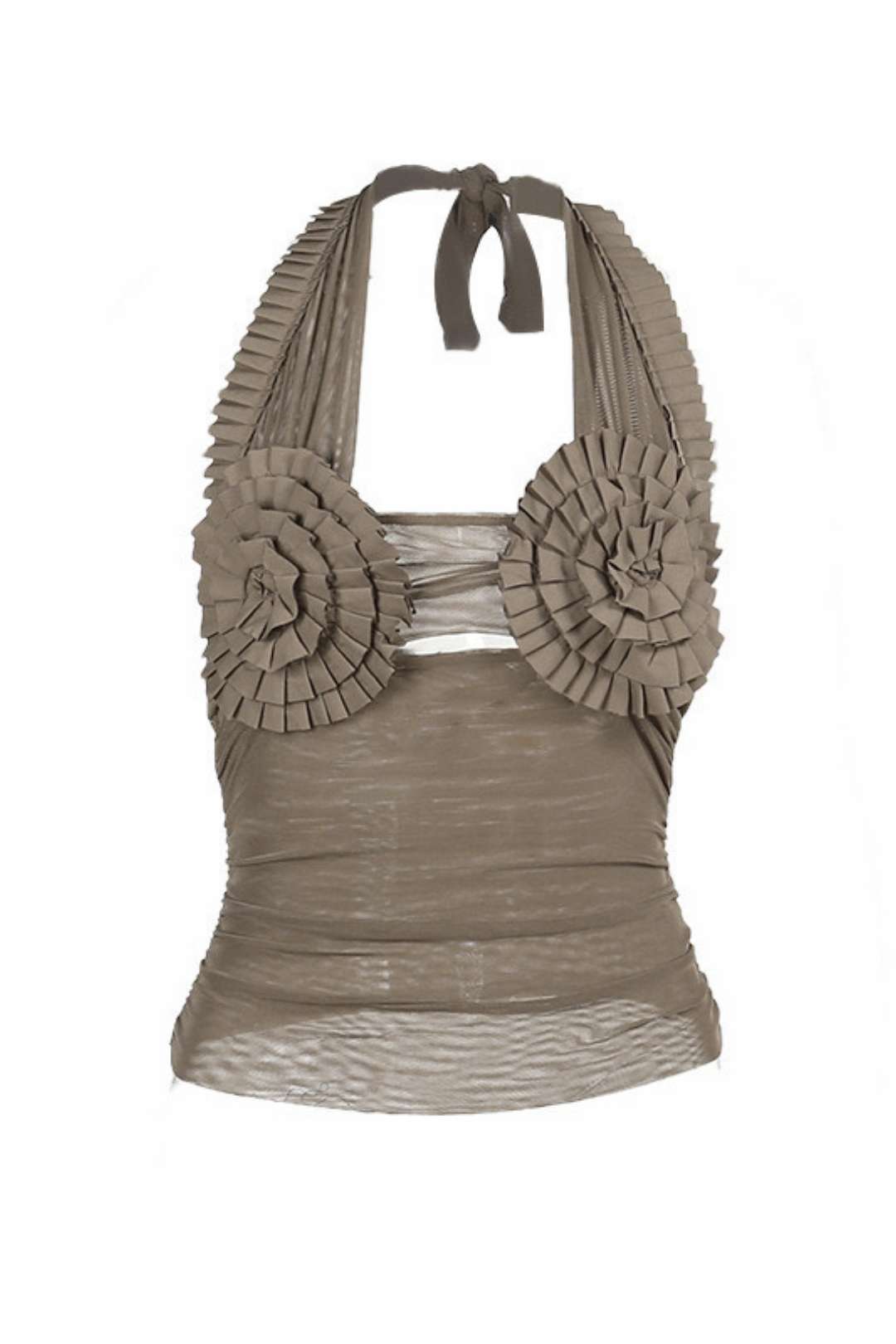 Pleat Features Breast Cup Mesh Splicing Halter Neck Vest Top