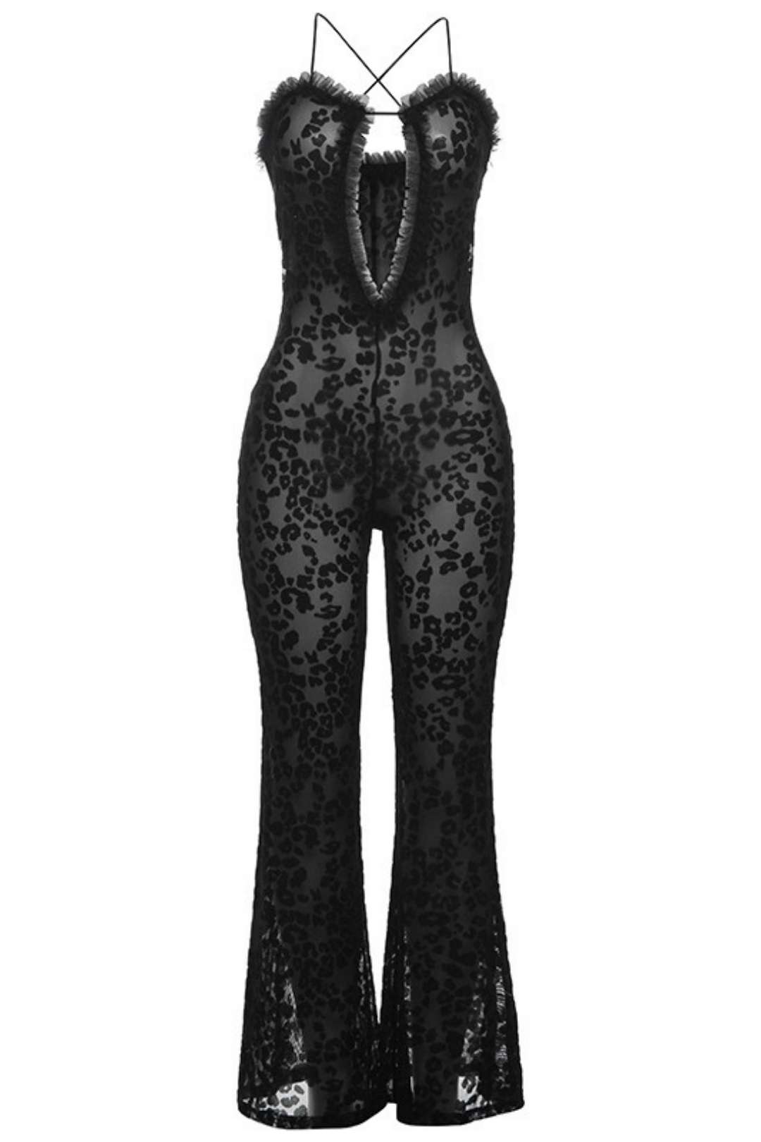 Backless See-through Mesh Leopard Print Casual Pants Jumpsuit