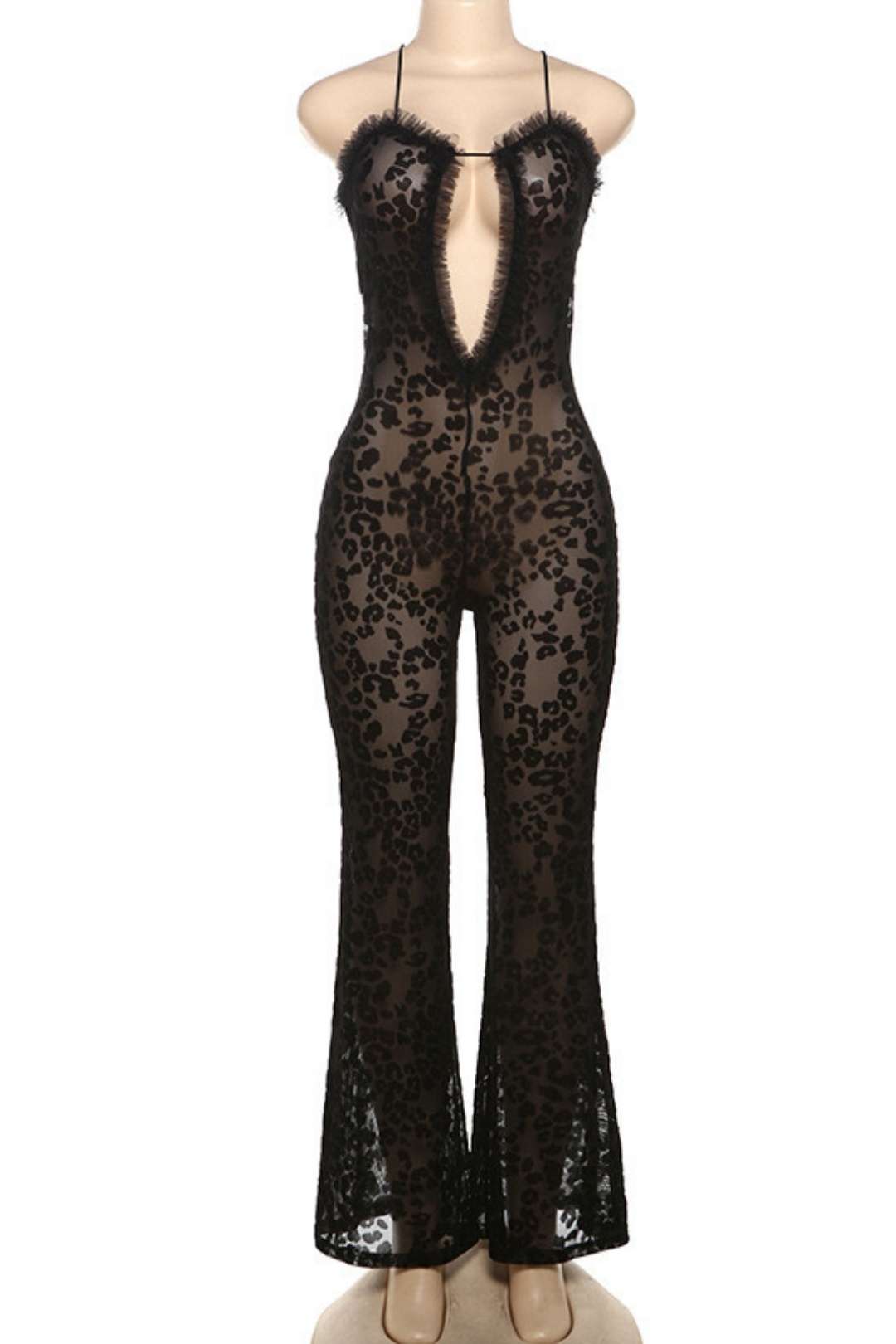 Backless See-through Mesh Leopard Print Casual Pants Jumpsuit