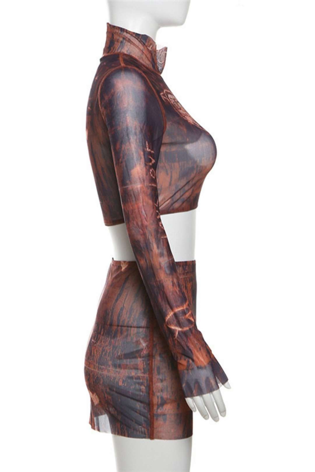 Long-sleeved Mesh Top Sexy High Waist Hip-covering Short Skirt Suit