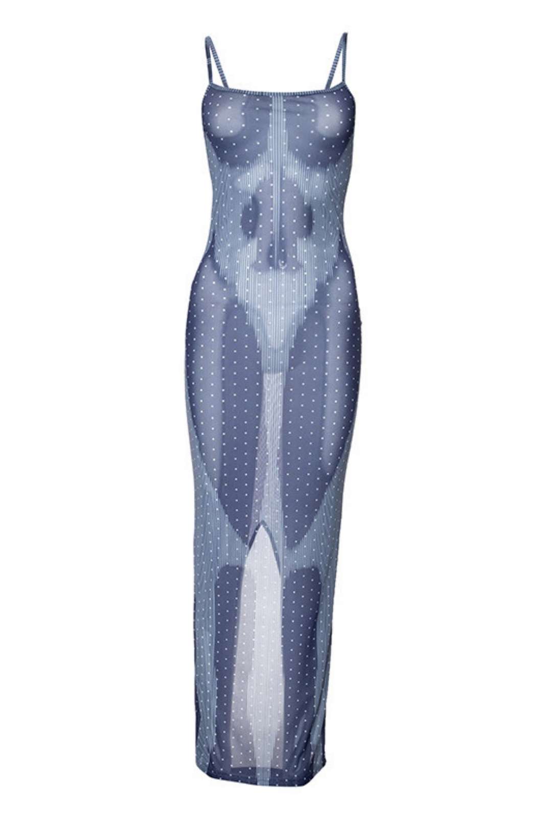 See-through Sleeveless Suspender Back Slit Mesh Print Dress