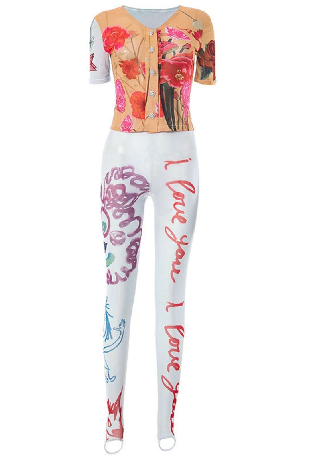 Printed Mesh Tight Cardigan Tops Trousers Casual Suit