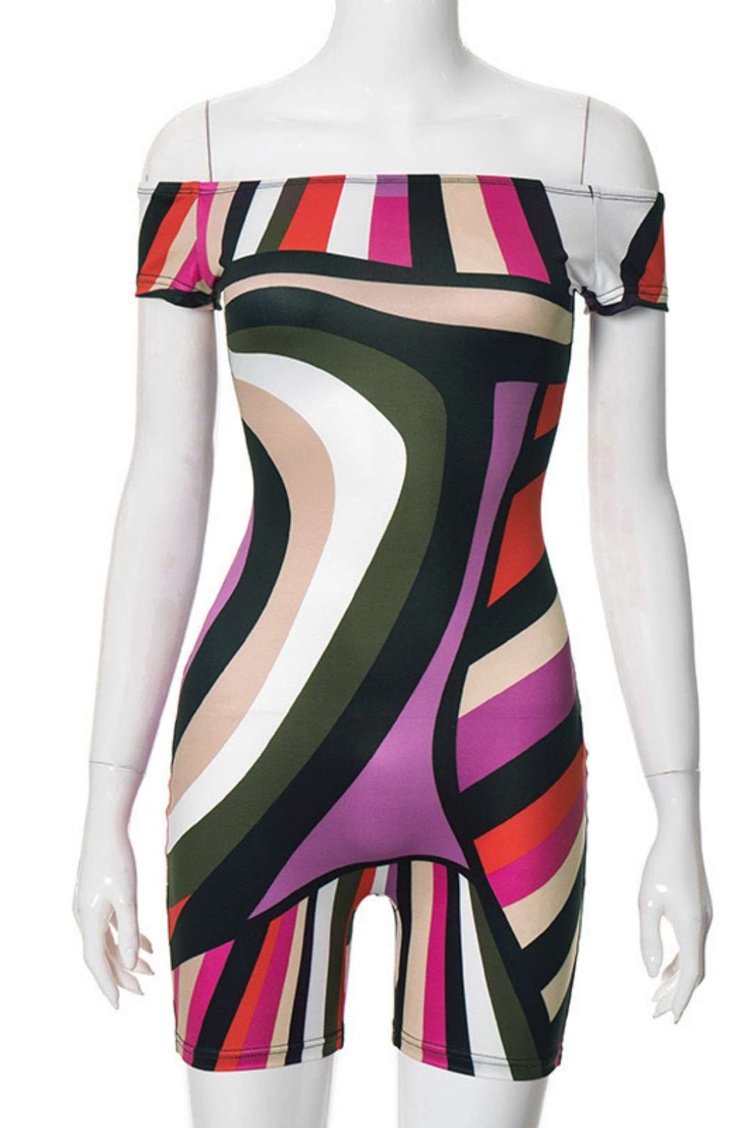 Printed Short-sleeved One-shoulder Slim Fit Jumpsuit