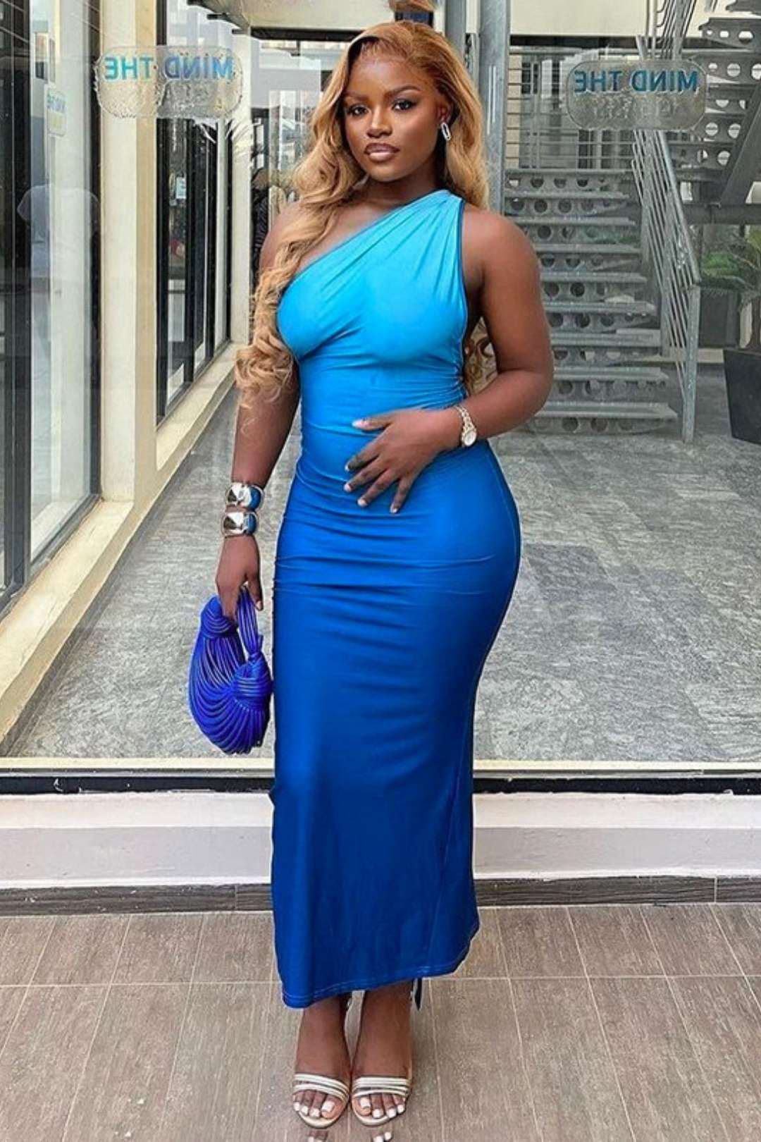 One-shoulder Halterneck Pleated Backless Dress