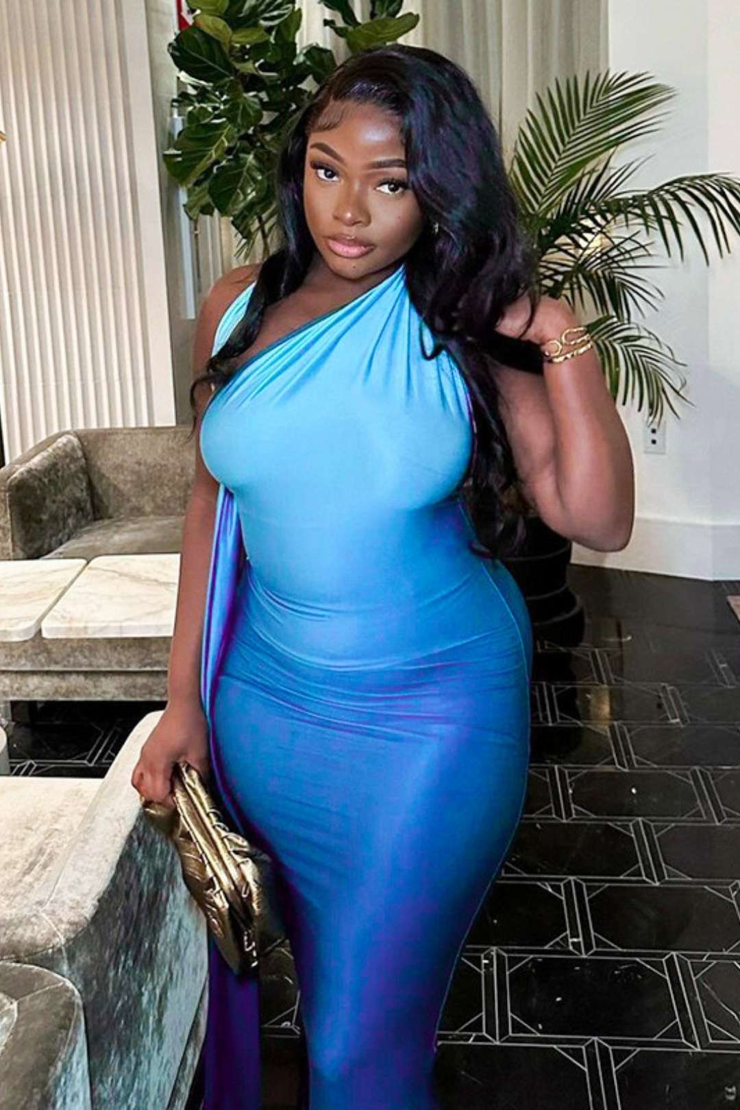 One-shoulder Halterneck Pleated Backless Dress