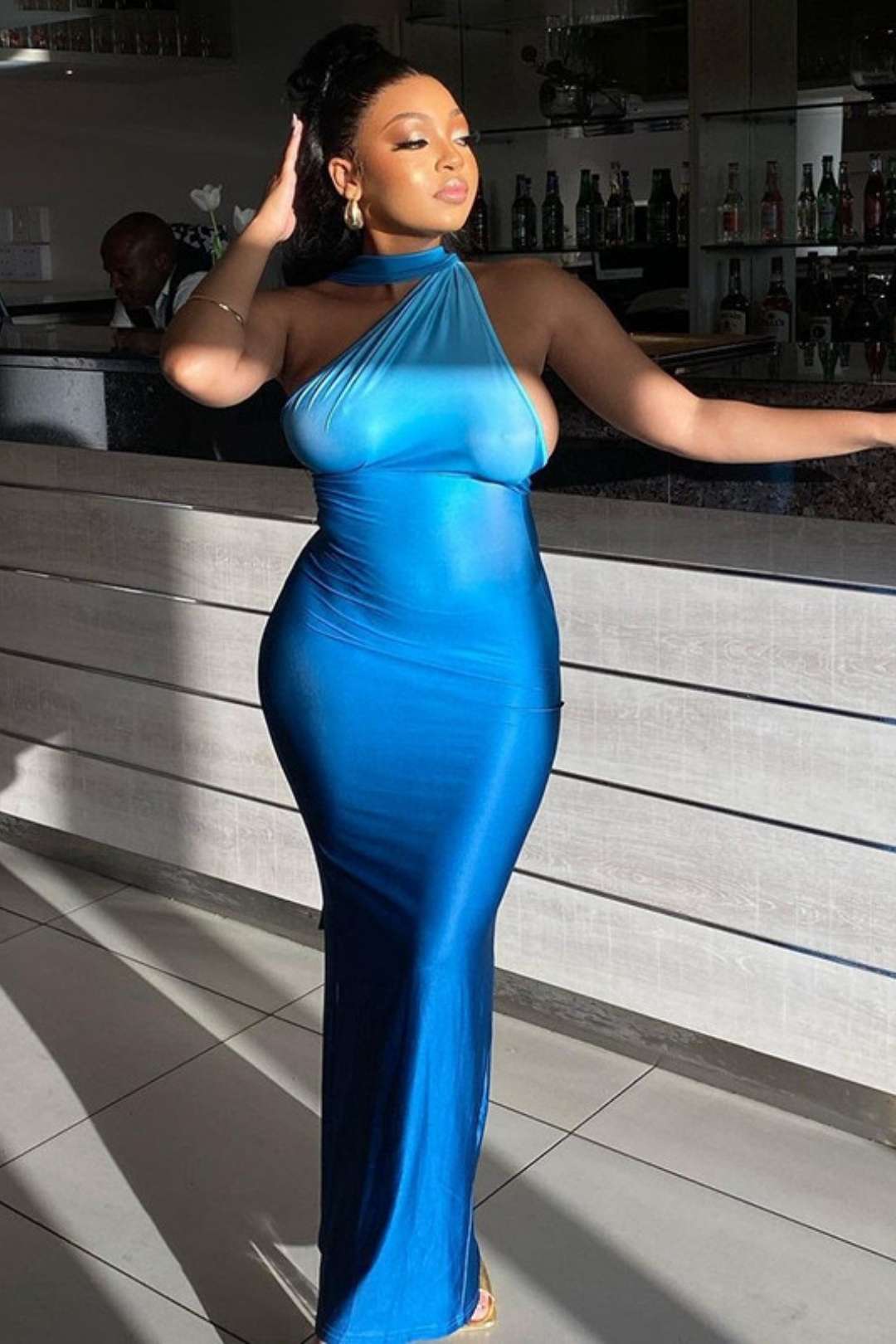 One-shoulder Halterneck Pleated Backless Dress