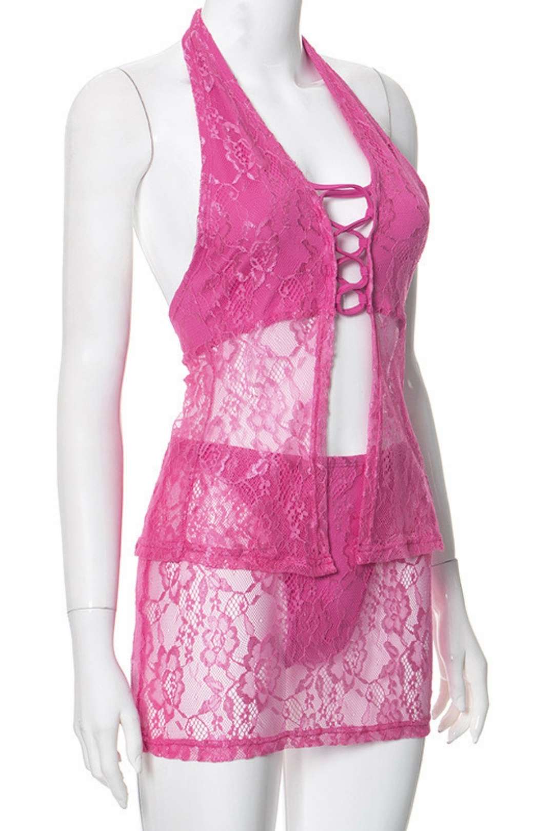 Halter Neck Hollow Top Elastic Pants Skirt Lace Two-piece Suit