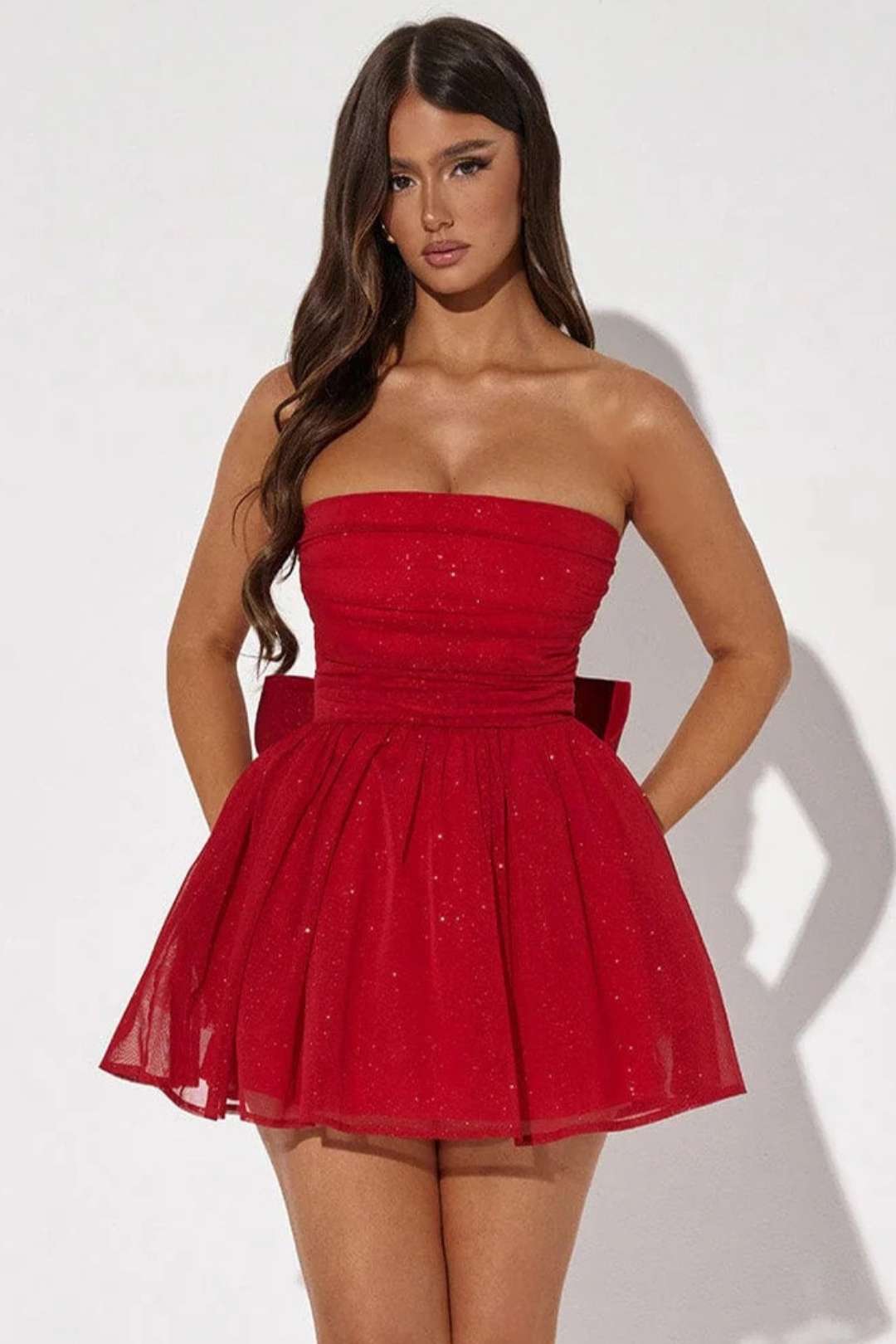 Trendy Mesh Splicing One-line Collar Strapless Backless Dress