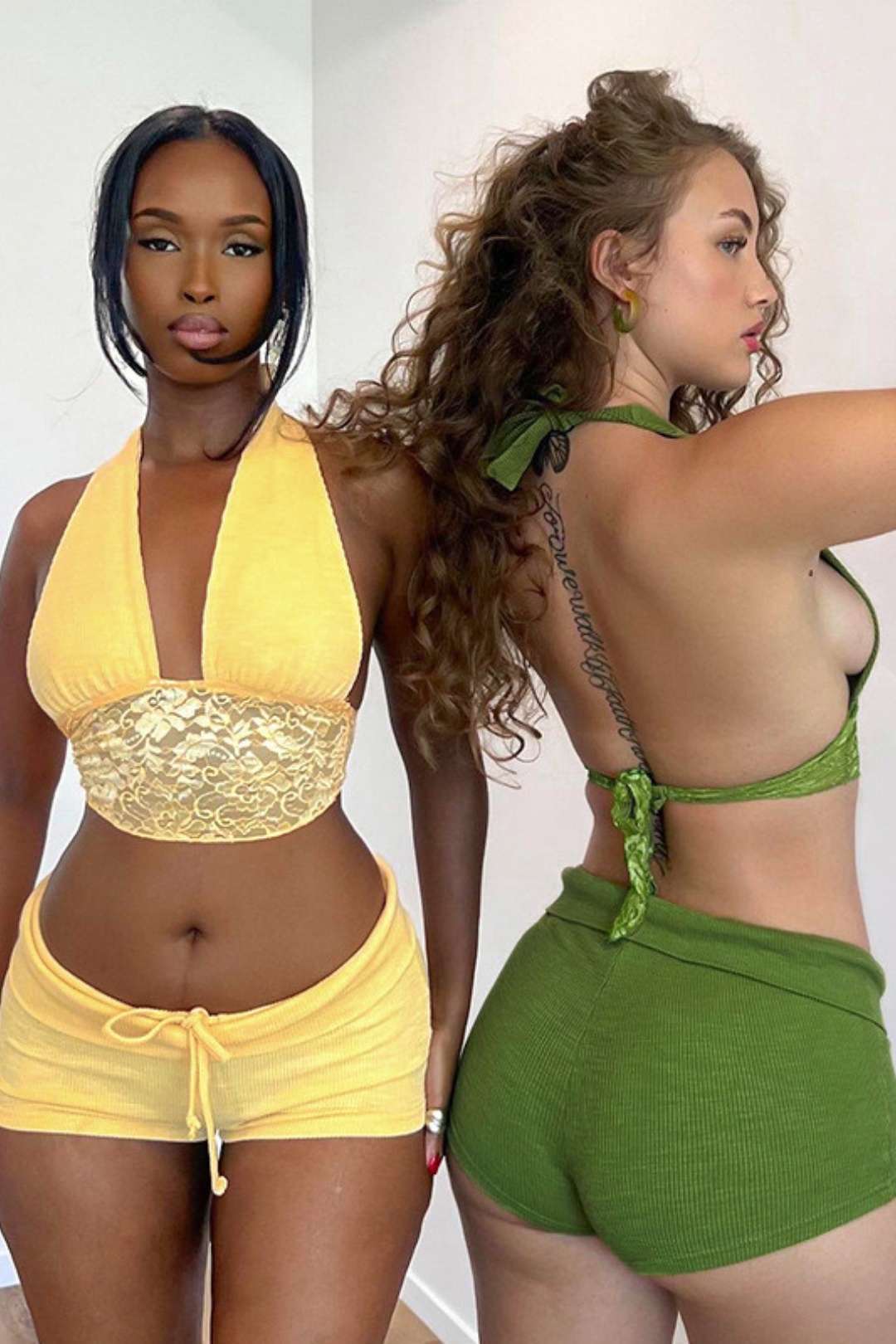 Neck Lace Crop Top Ultra Short Tights Suit