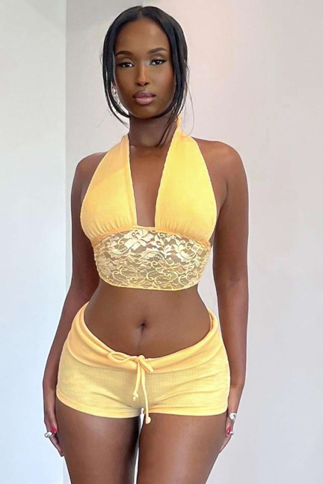 Neck Lace Crop Top Ultra Short Tights Suit