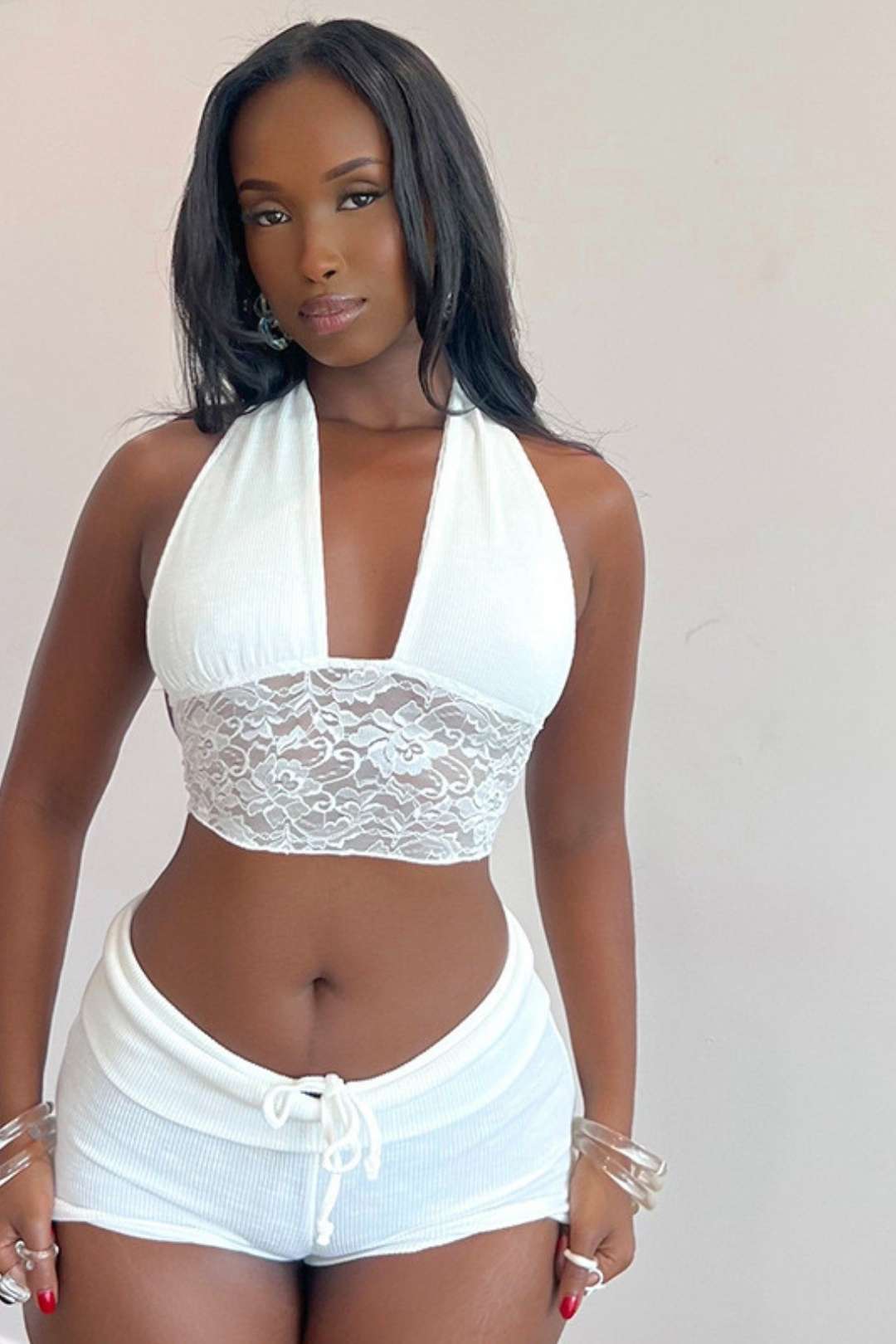 Neck Lace Crop Top Ultra Short Tights Suit