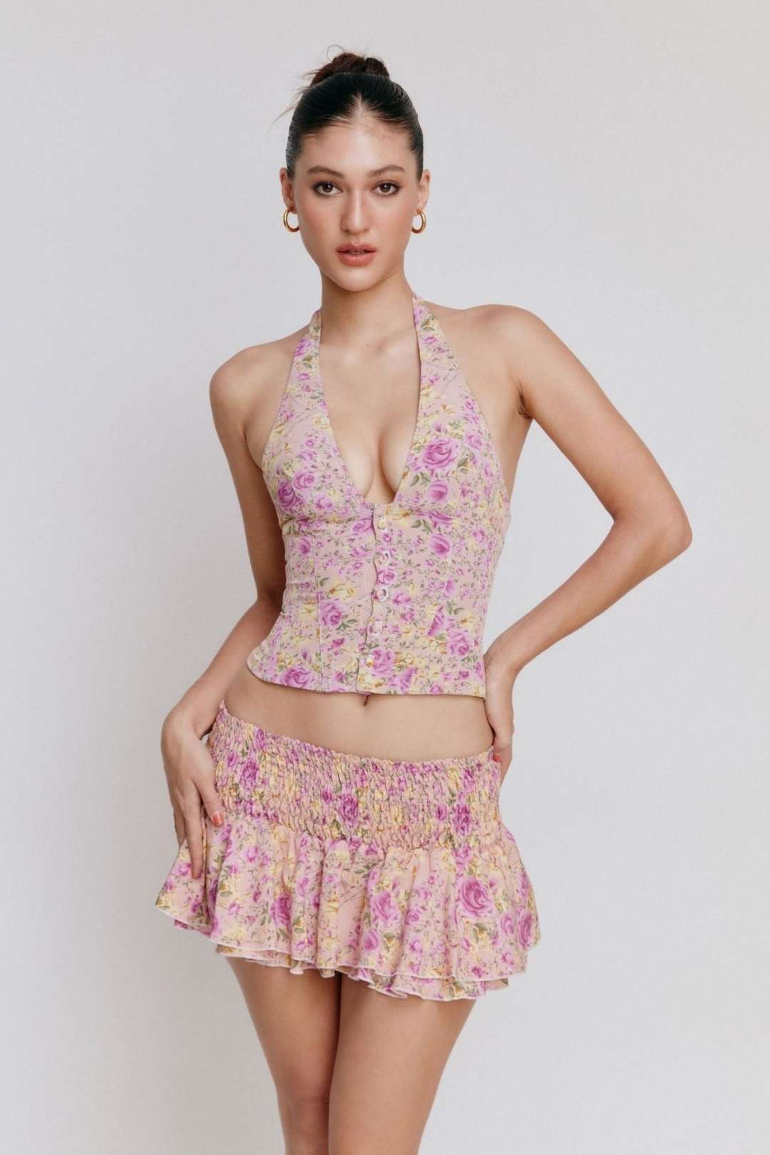 Halter Neck V-neck Backless Top Floral Skirt Two-piece Set