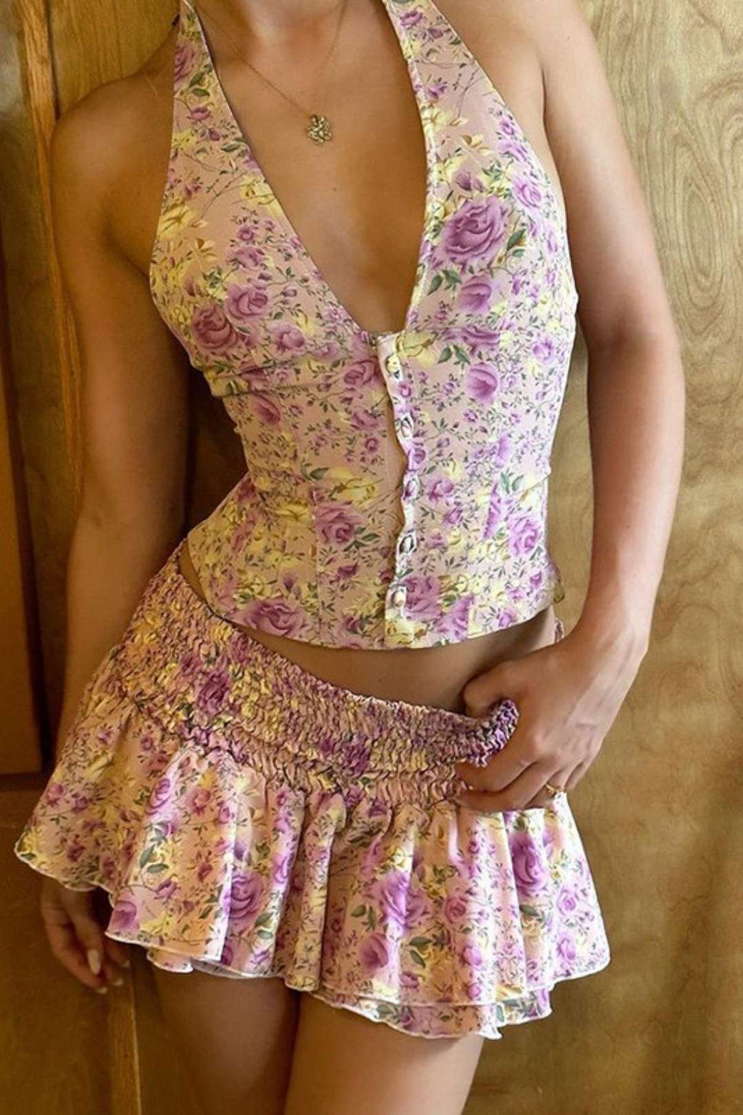 Halter Neck V-neck Backless Top Floral Skirt Two-piece Set