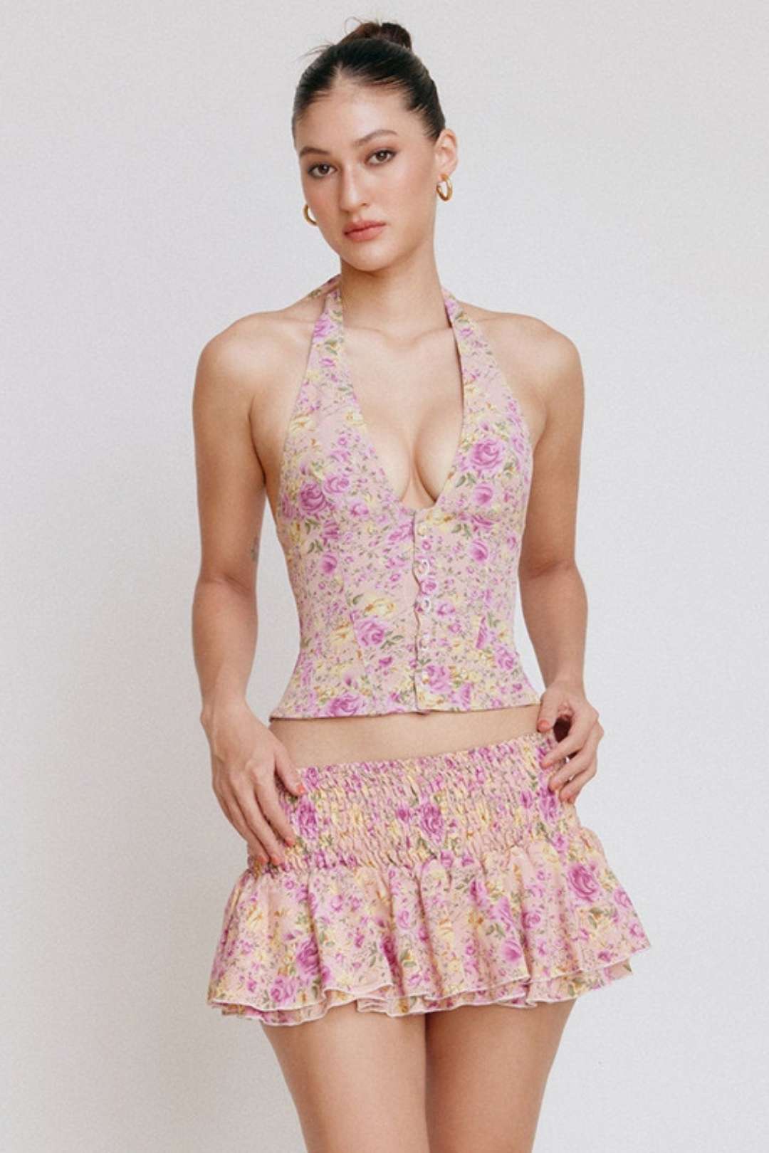 Halter Neck V-neck Backless Top Floral Skirt Two-piece Set