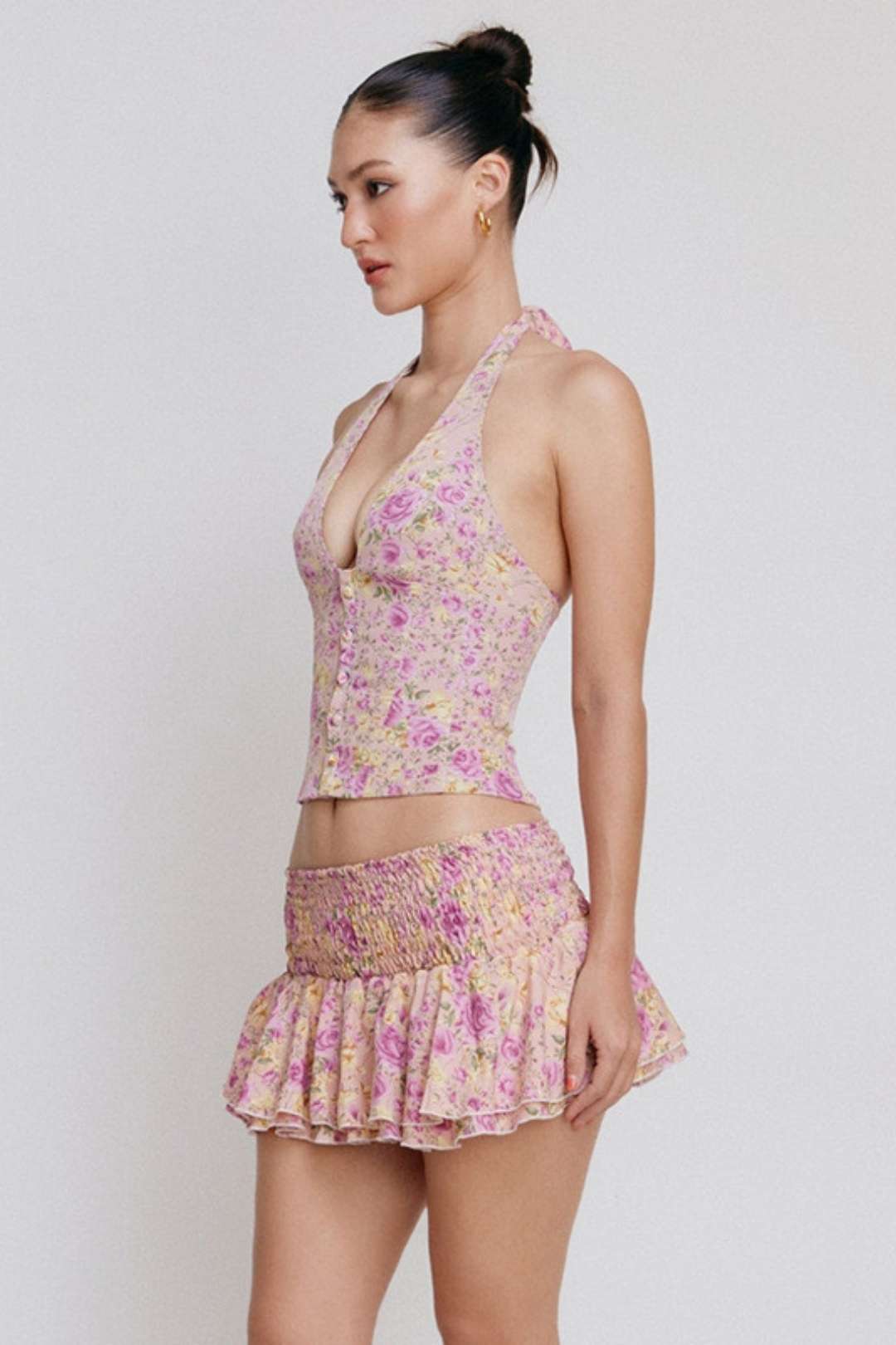 Halter Neck V-neck Backless Top Floral Skirt Two-piece Set