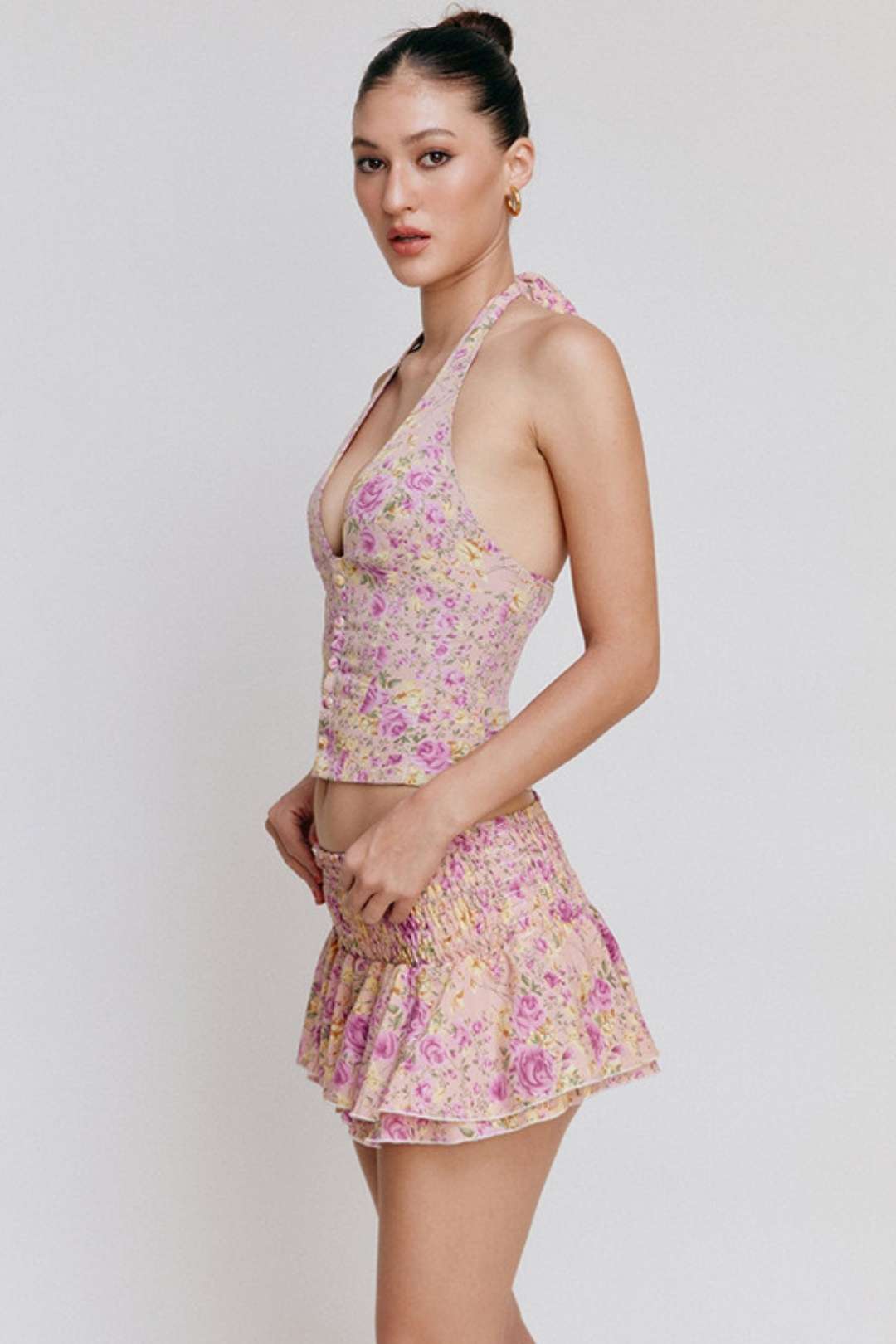 Halter Neck V-neck Backless Top Floral Skirt Two-piece Set