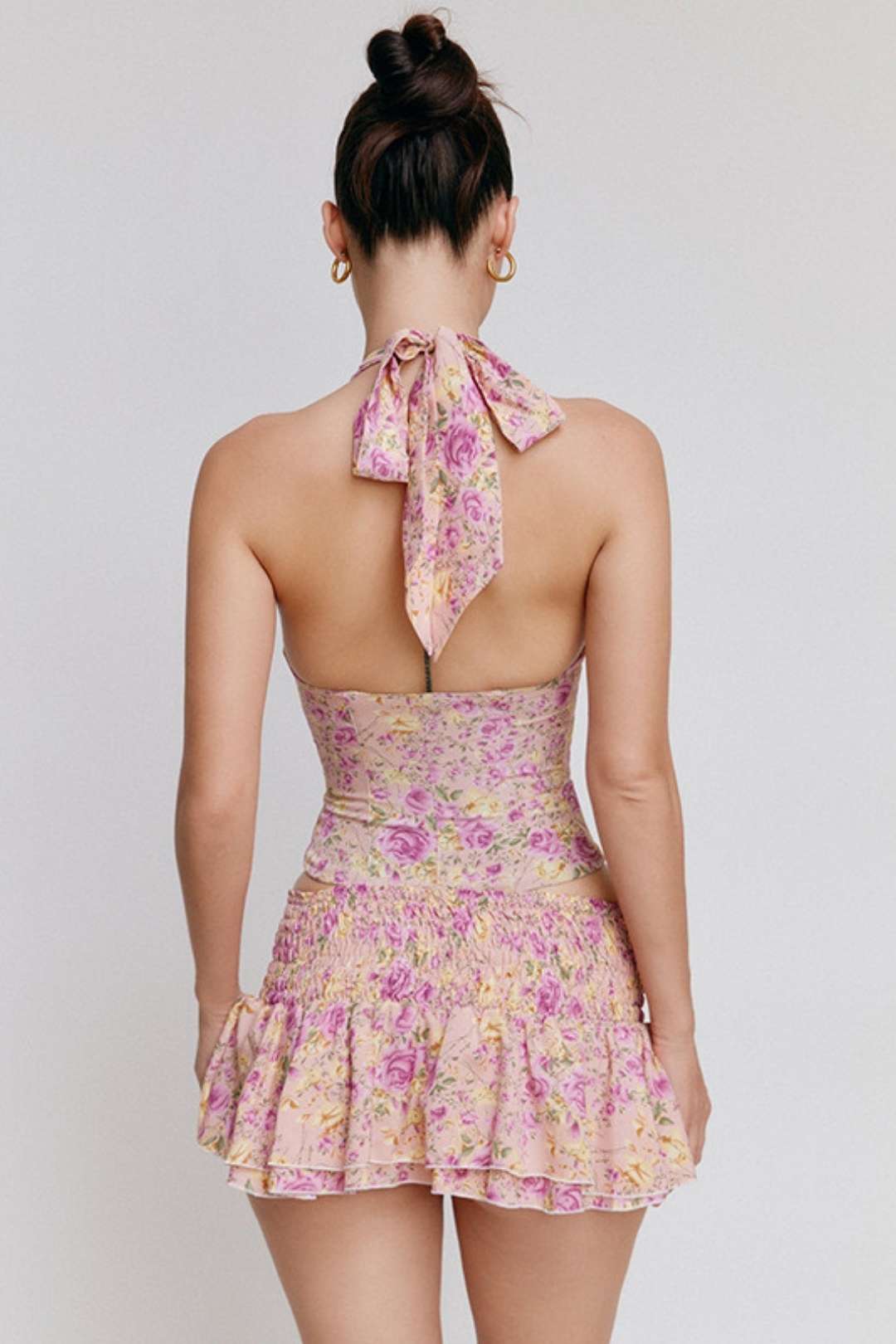 Halter Neck V-neck Backless Top Floral Skirt Two-piece Set