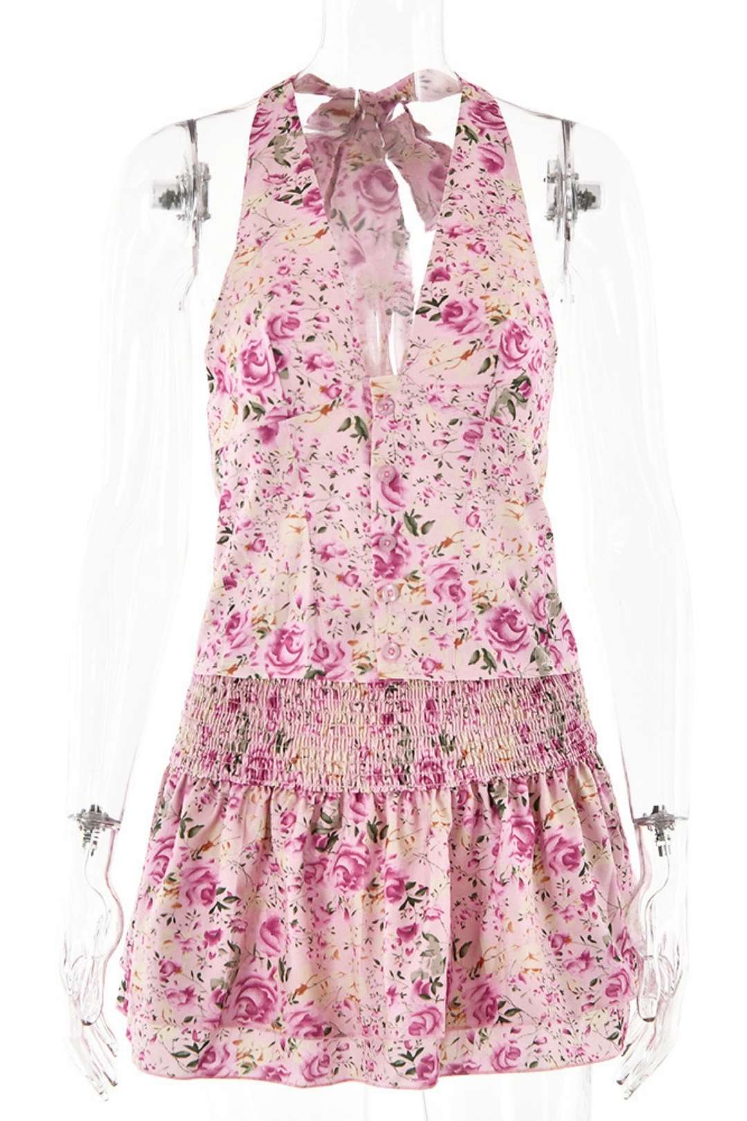 Halter Neck V-neck Backless Top Floral Skirt Two-piece Set