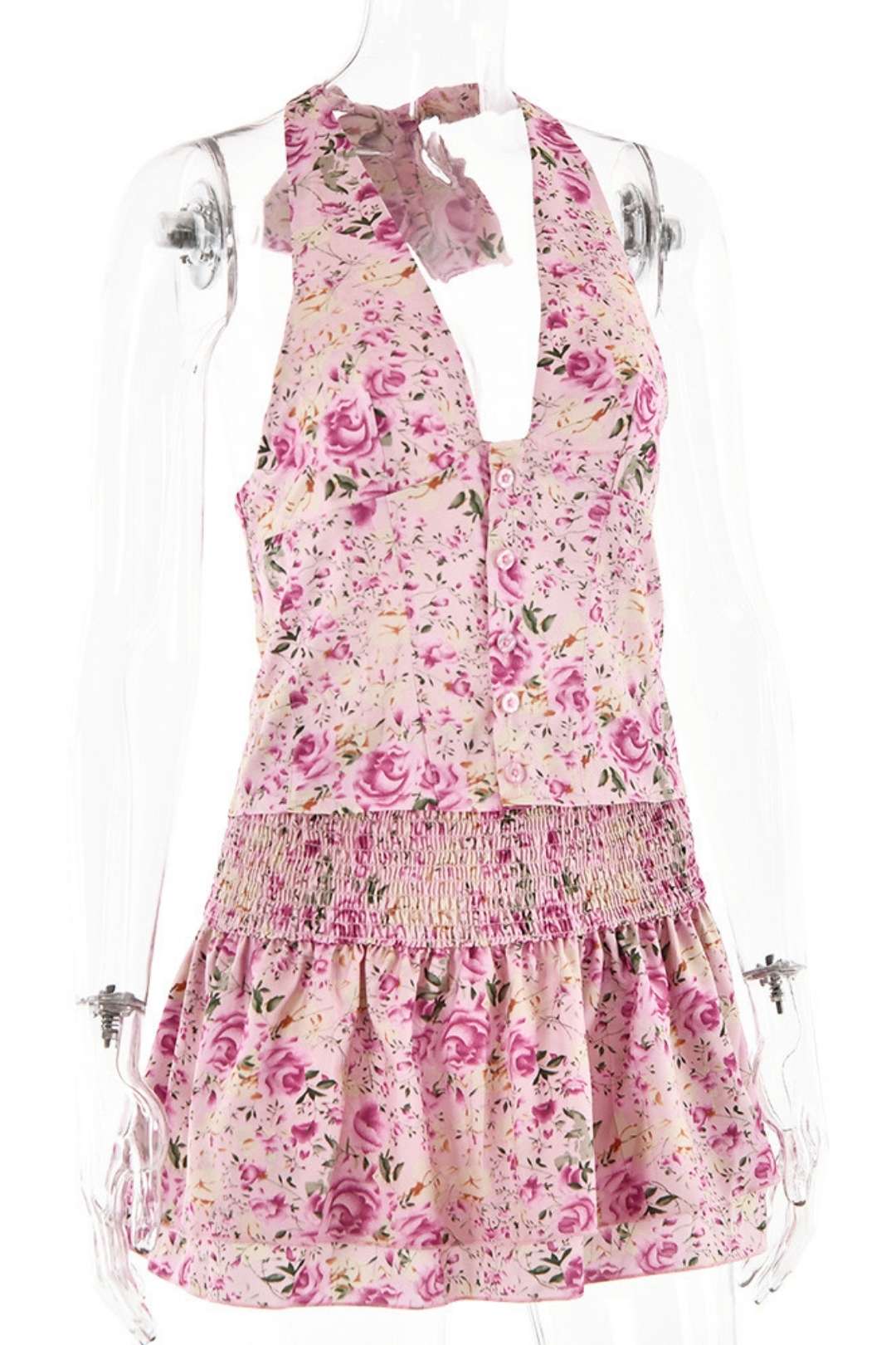 Halter Neck V-neck Backless Top Floral Skirt Two-piece Set