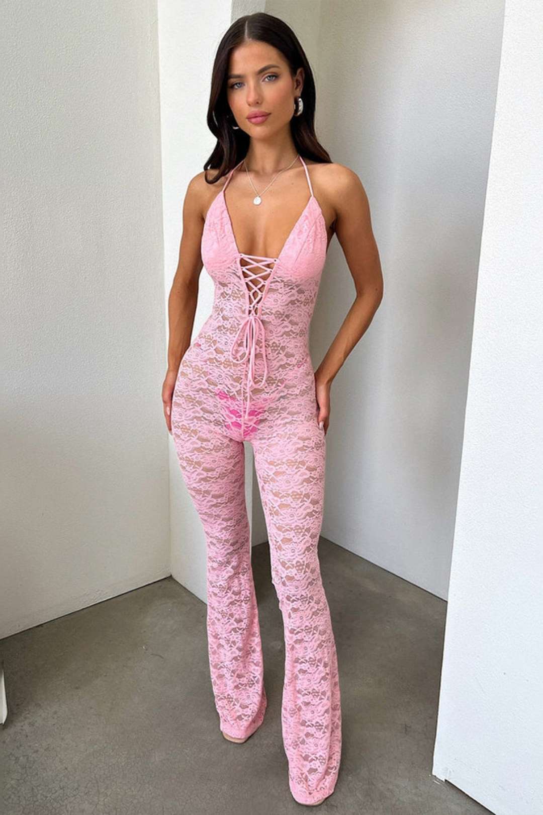 Lace See-through Backless Halter Neck Slim Jumpsuit