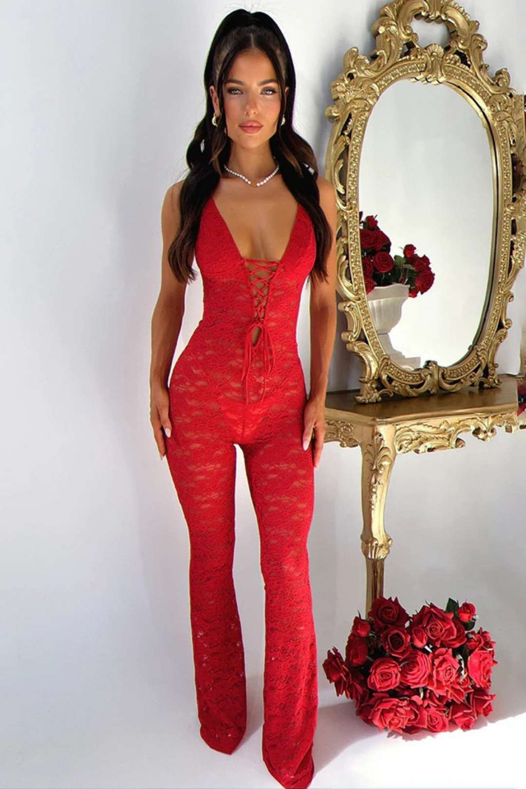 Lace See-through Backless Halter Neck Slim Jumpsuit