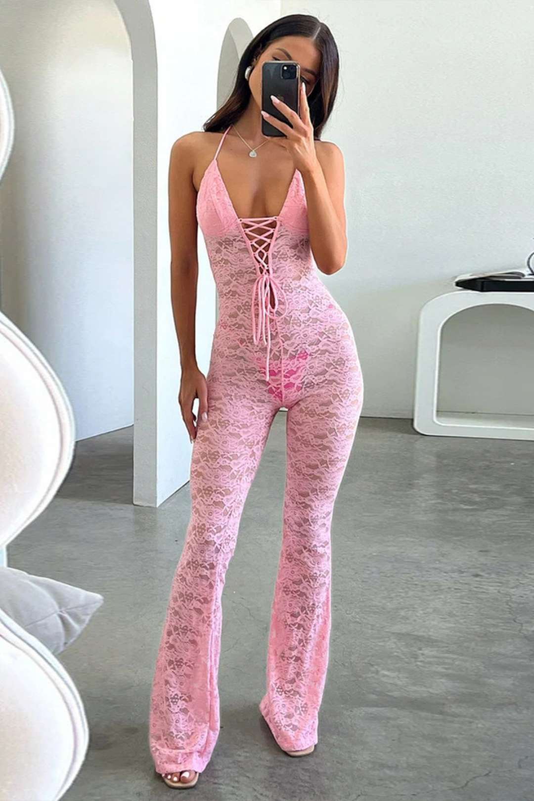 Lace See-through Backless Halter Neck Slim Jumpsuit