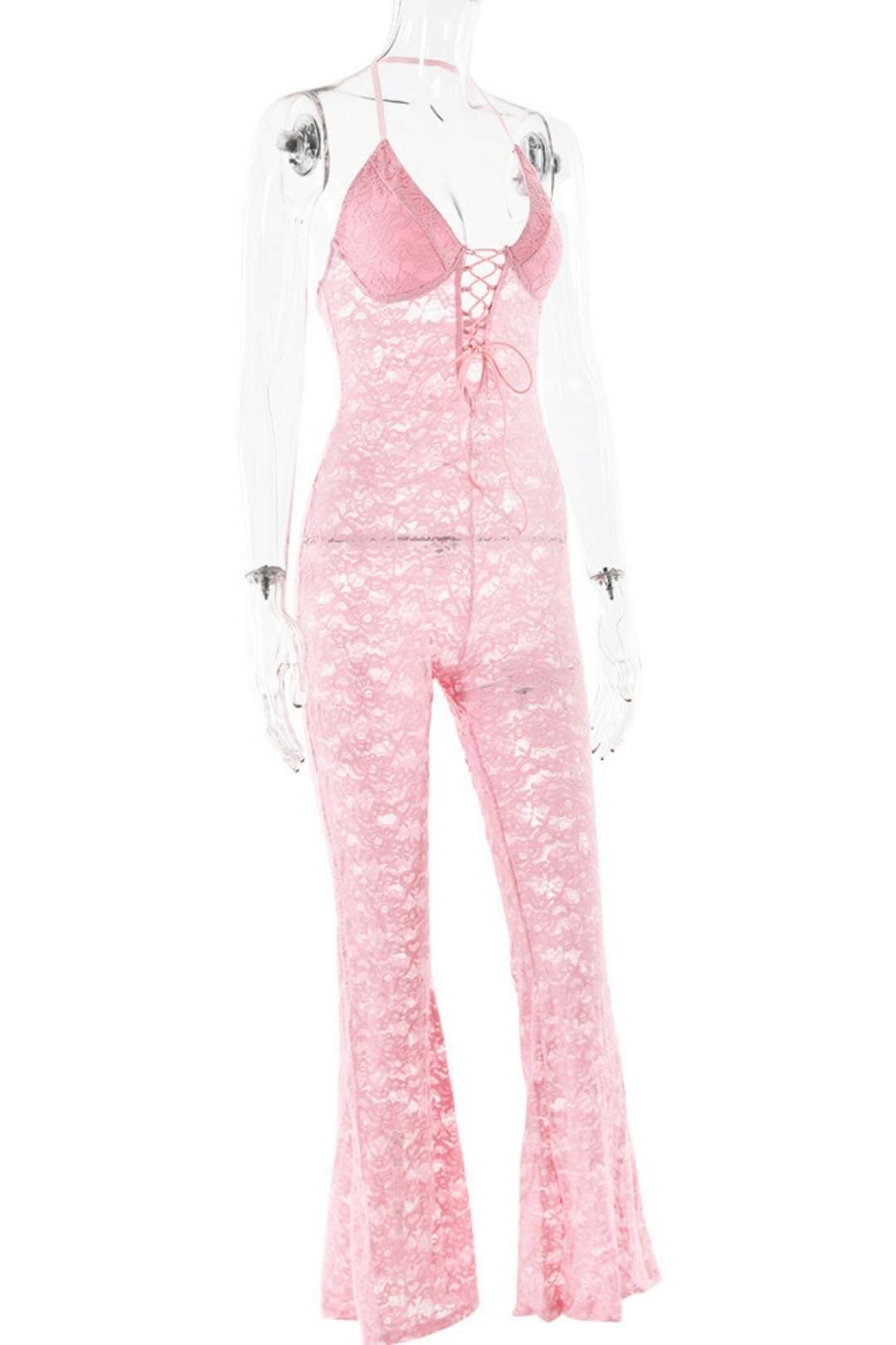 Lace See-through Backless Halter Neck Slim Jumpsuit