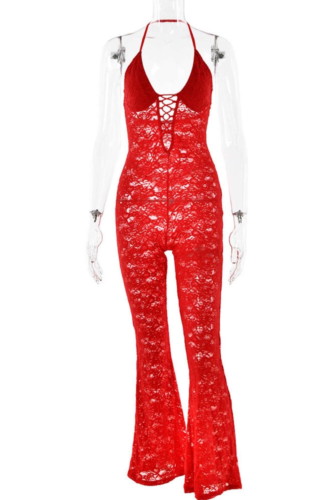 Lace See-through Backless Halter Neck Slim Jumpsuit