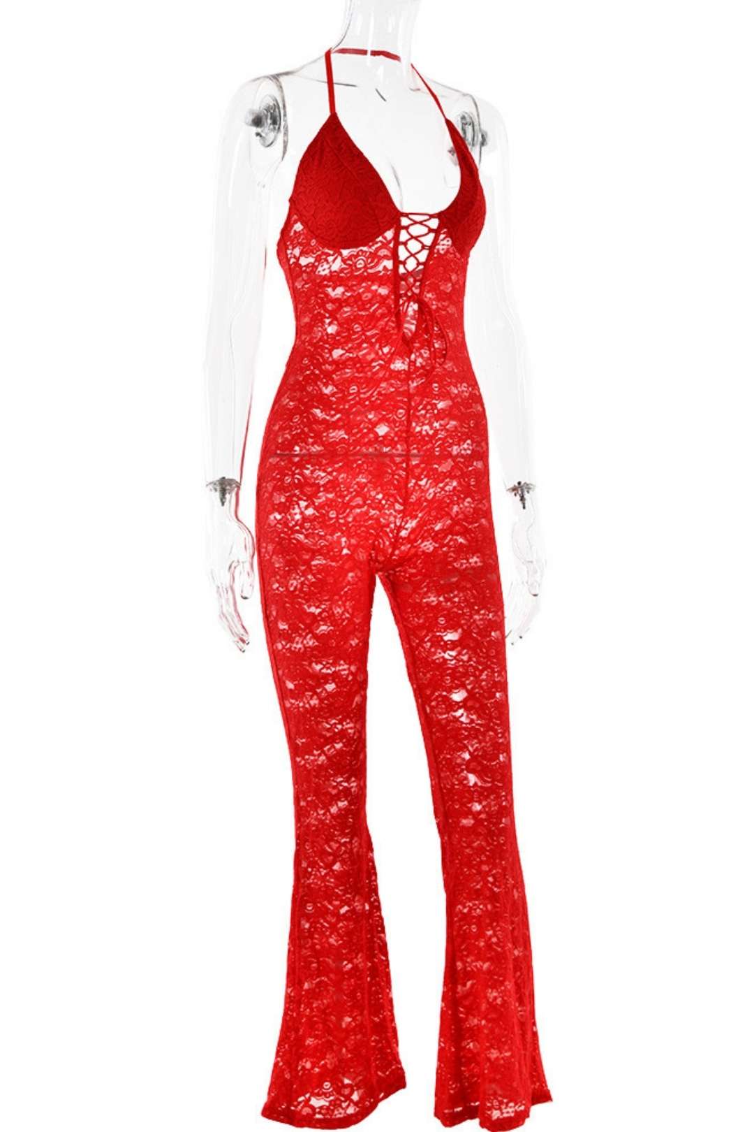 Lace See-through Backless Halter Neck Slim Jumpsuit