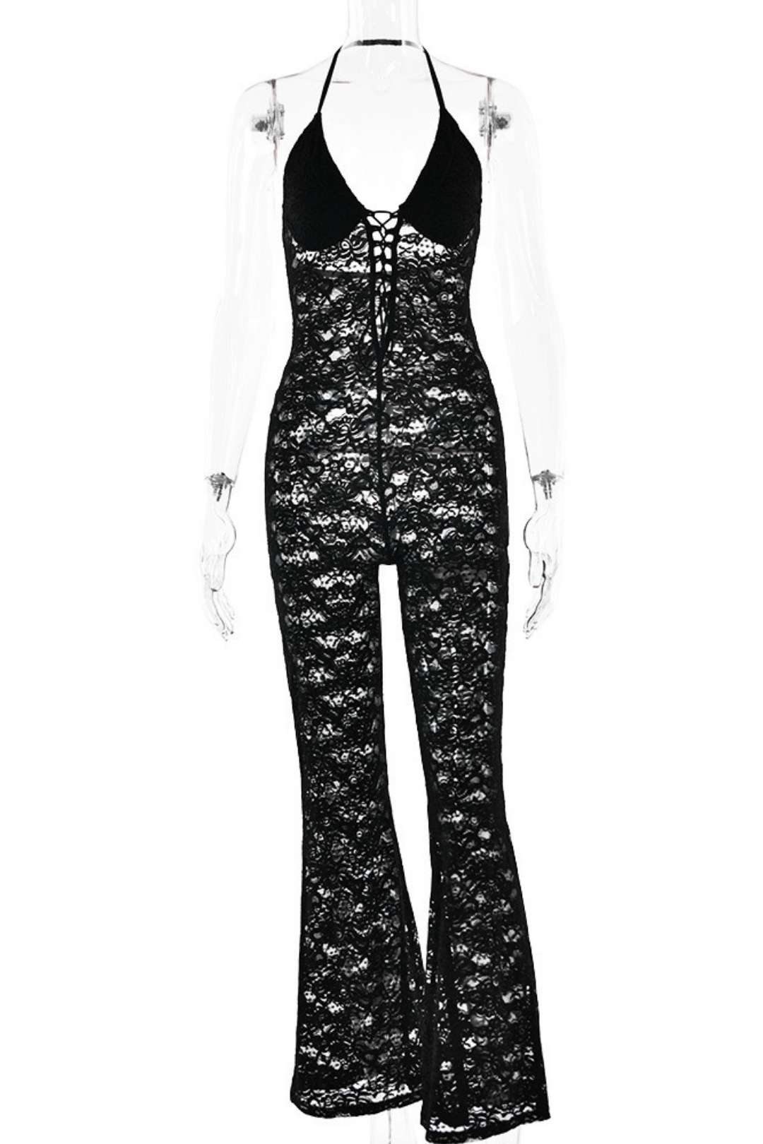 Lace See-through Backless Halter Neck Slim Jumpsuit