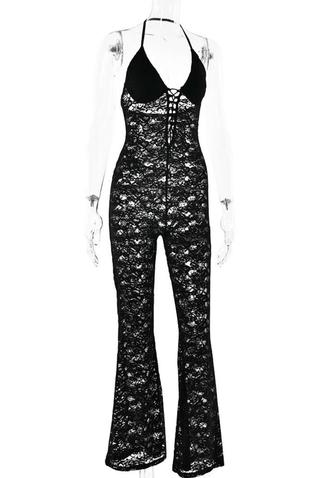 Lace See-through Backless Halter Neck Slim Jumpsuit