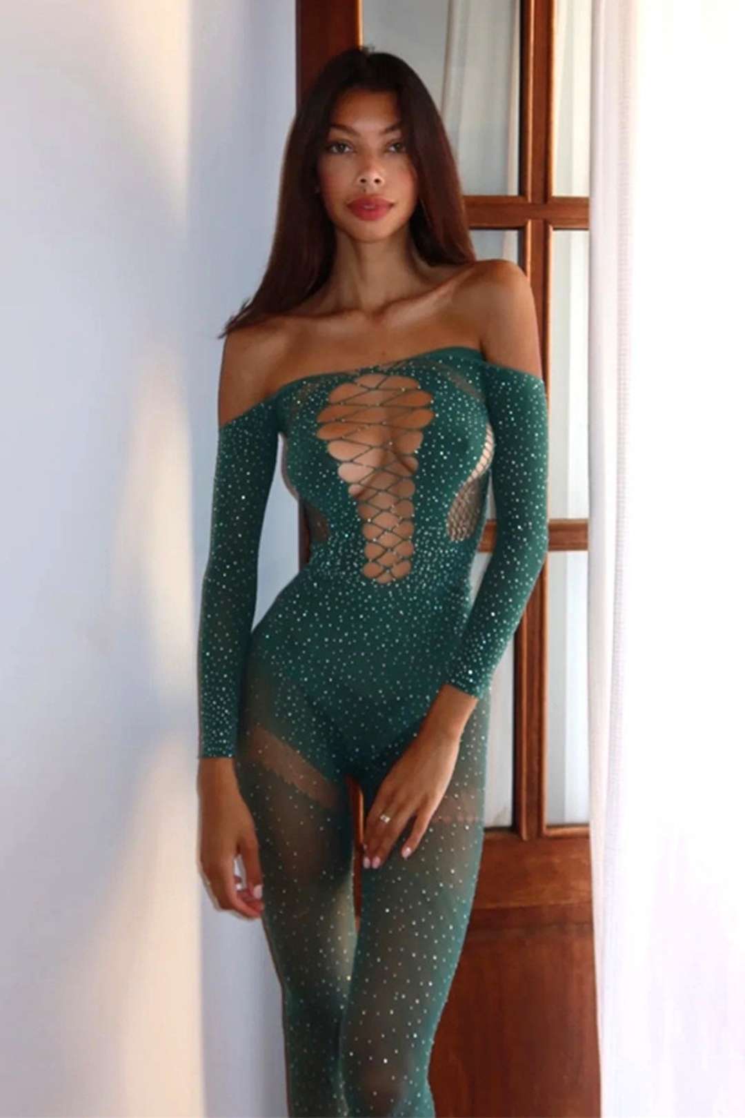 Diamond See-through Hollow Backless Jumpsuit Long-sleeved Slim Jumpsuit