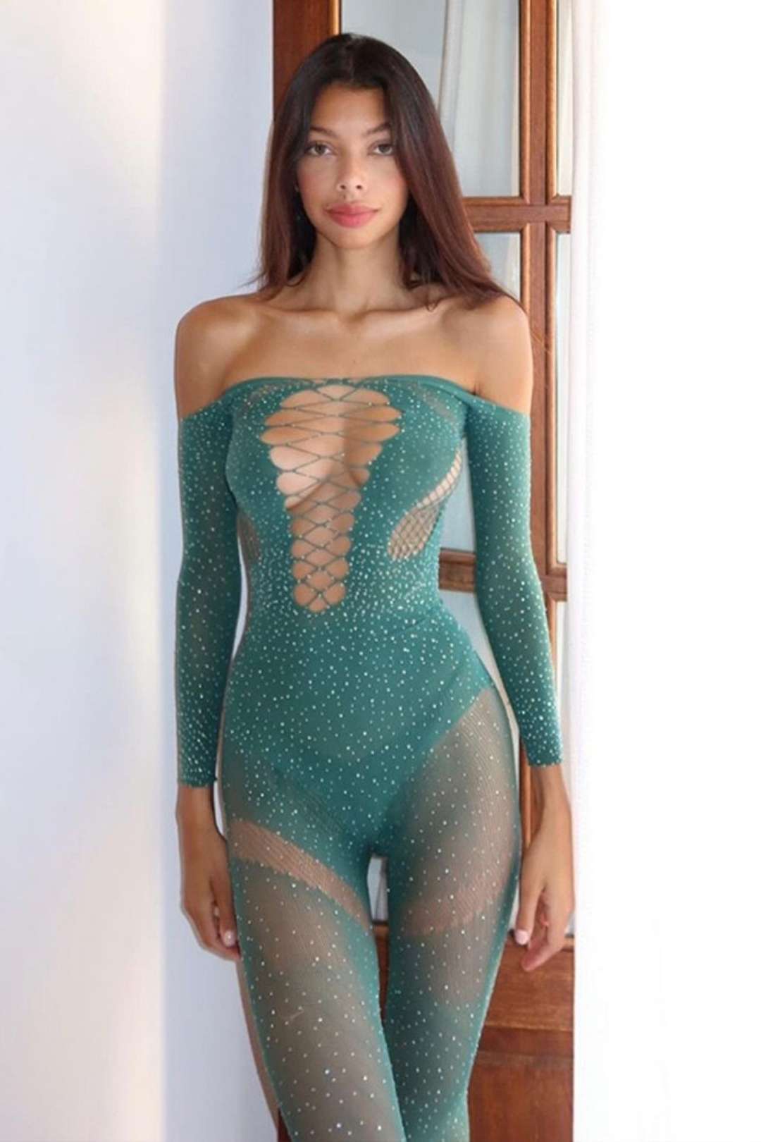 Diamond See-through Hollow Backless Jumpsuit Long-sleeved Slim Jumpsuit