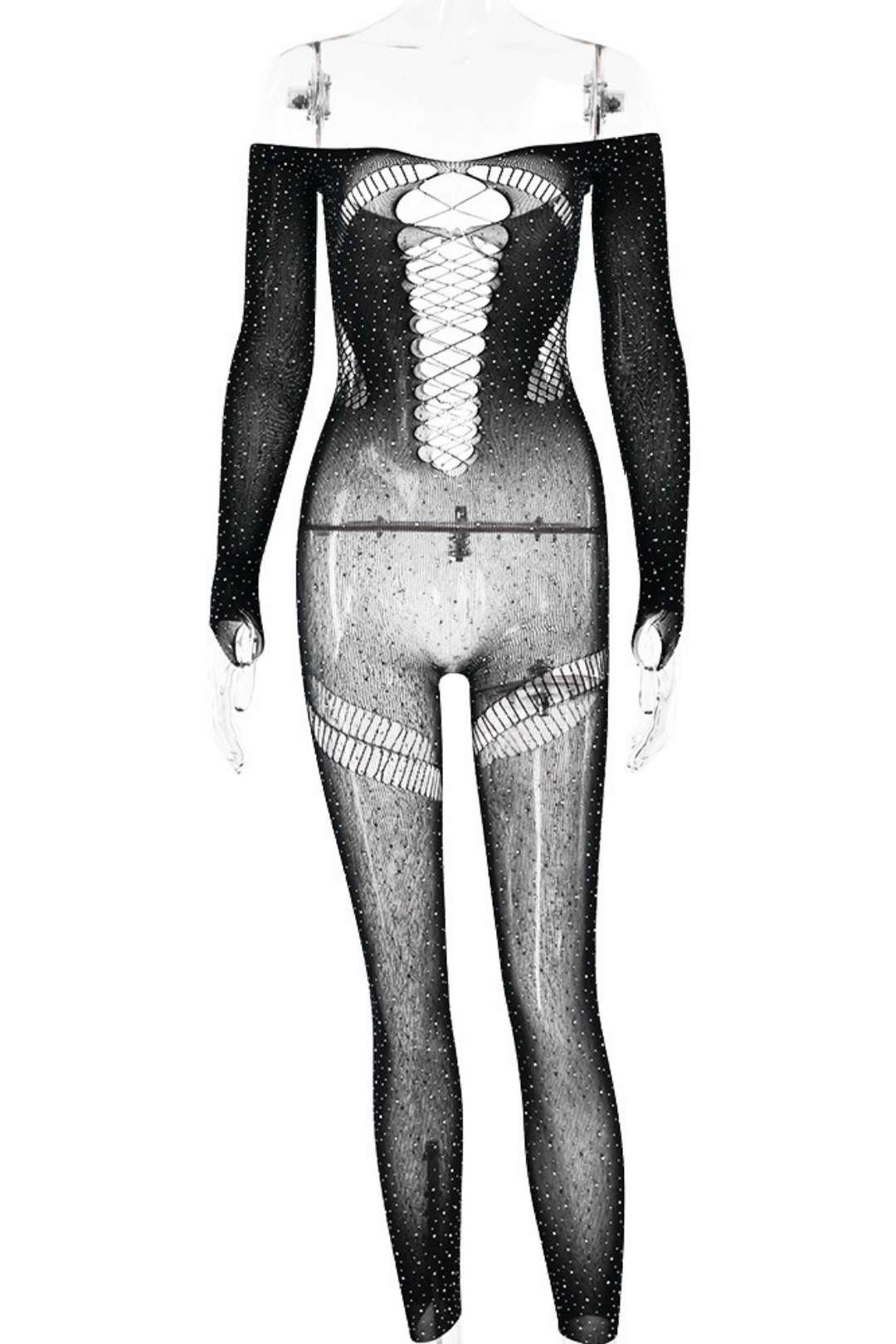 Diamond See-through Hollow Backless Jumpsuit Long-sleeved Slim Jumpsuit