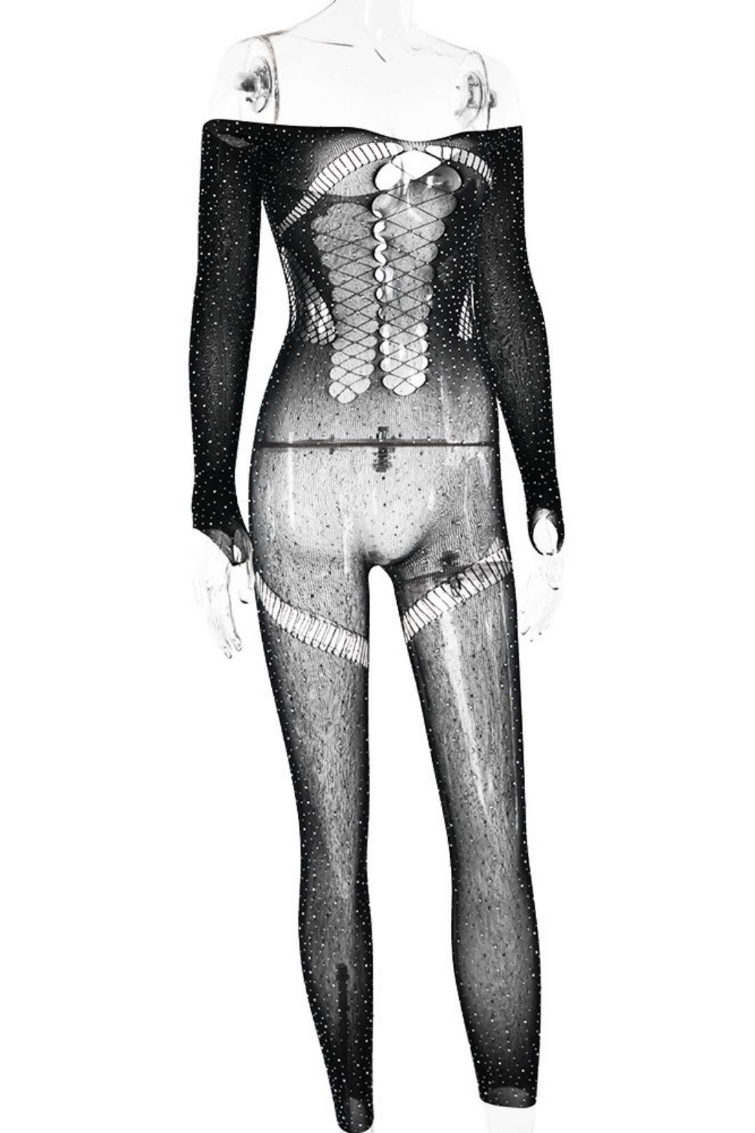 Diamond See-through Hollow Backless Jumpsuit Long-sleeved Slim Jumpsuit