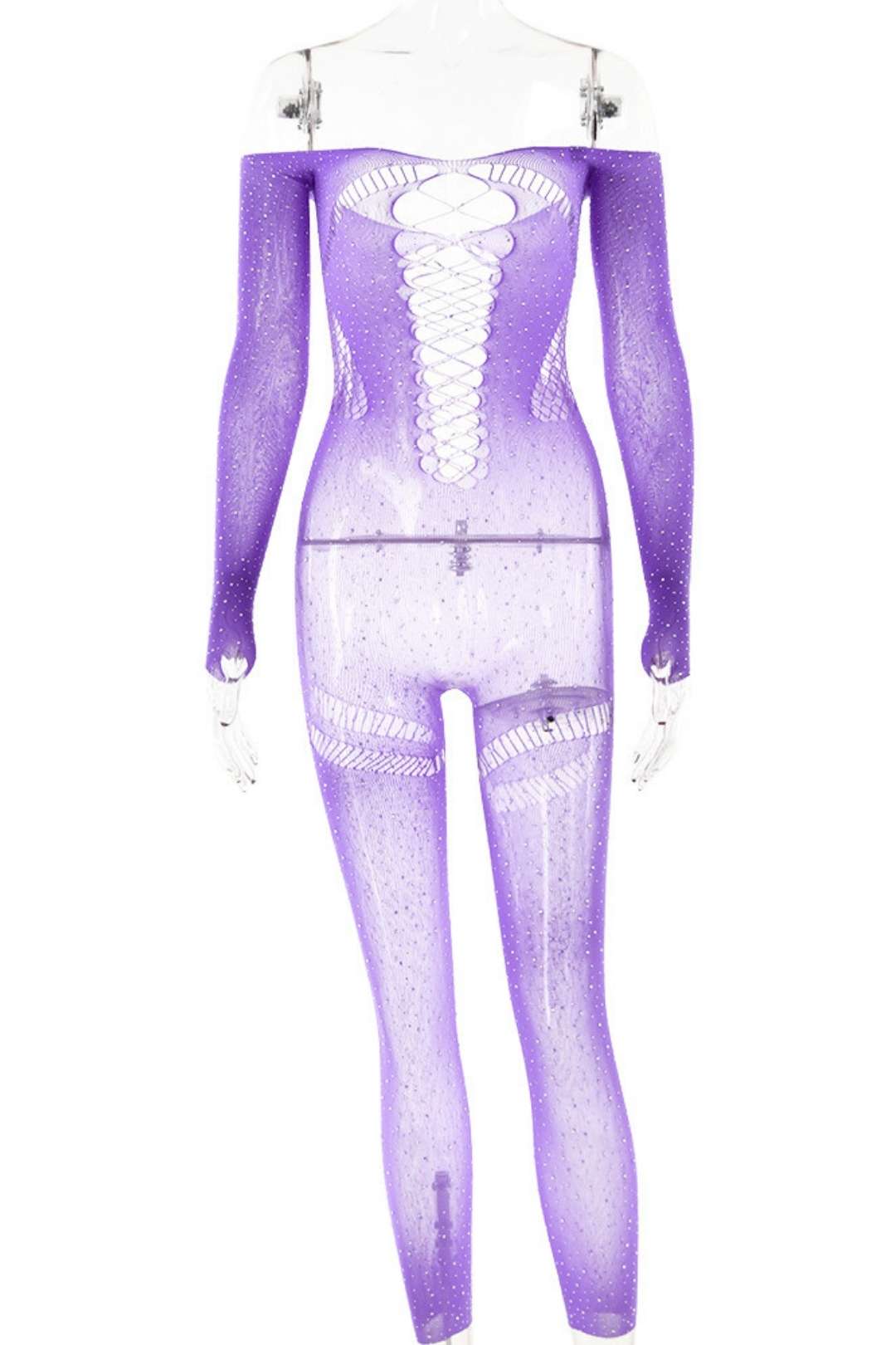 Diamond See-through Hollow Backless Jumpsuit Long-sleeved Slim Jumpsuit