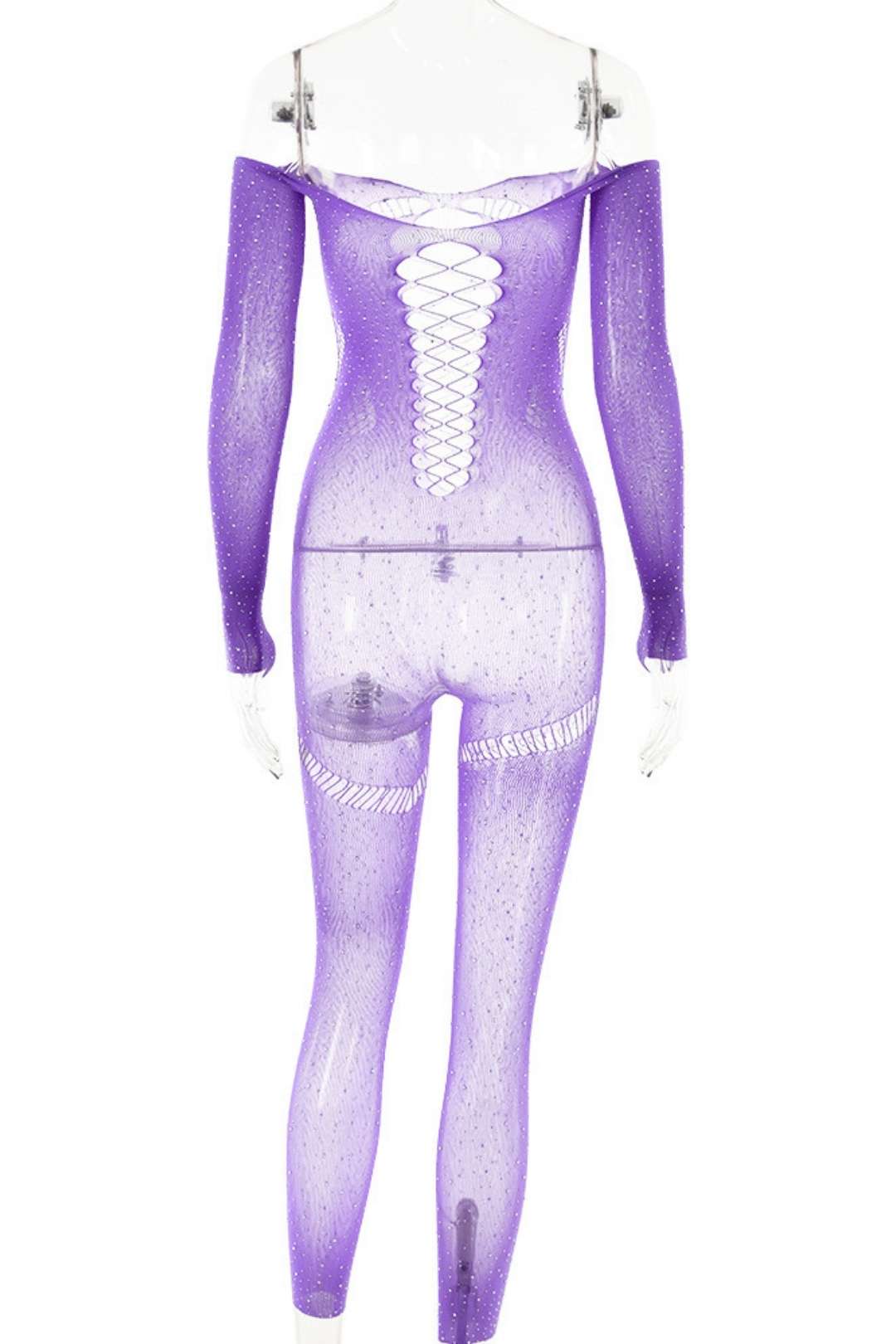 Diamond See-through Hollow Backless Jumpsuit Long-sleeved Slim Jumpsuit