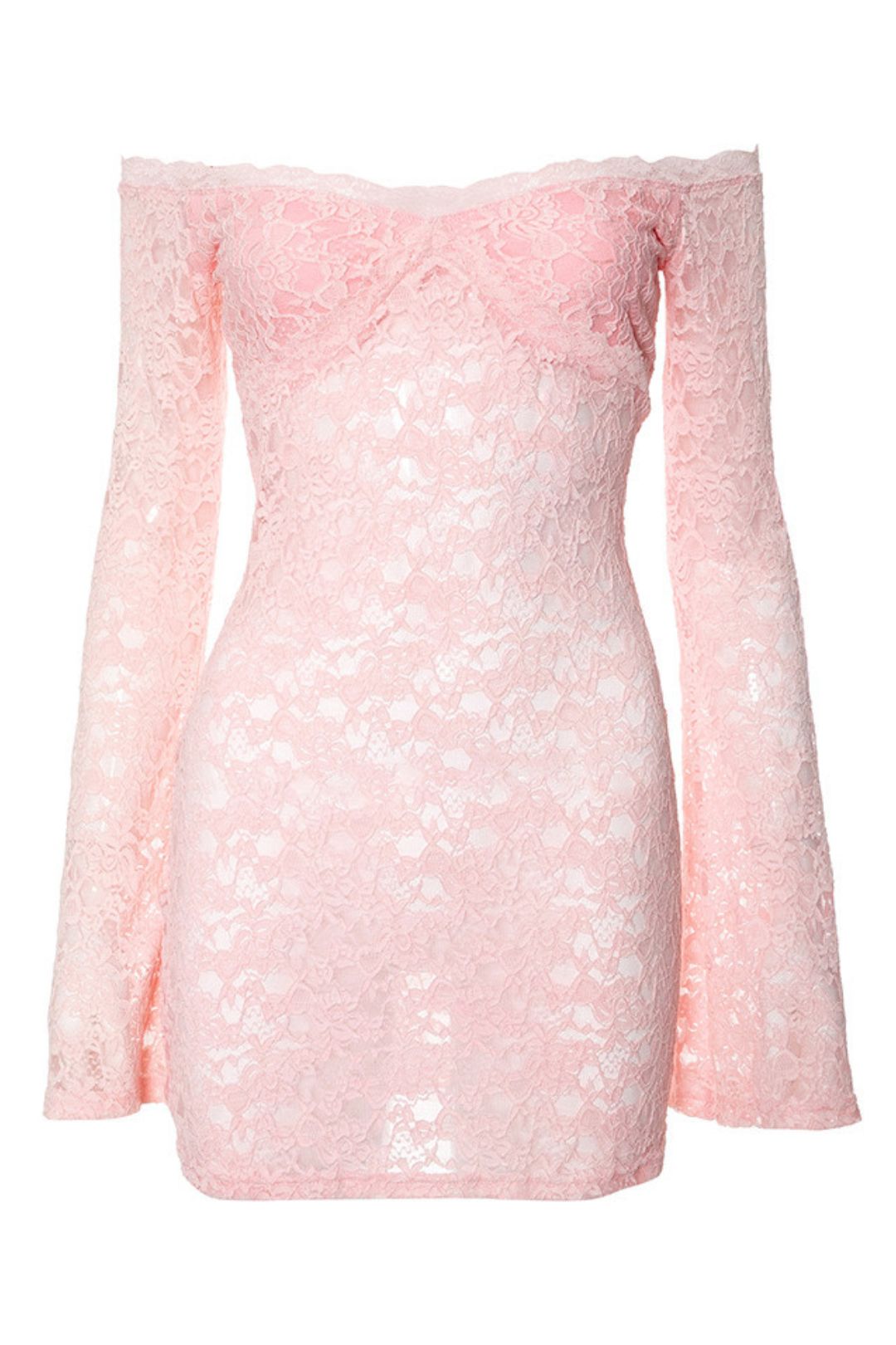 Sexy Lace See-through One-line Collar Long-sleeved Slim Short Dress