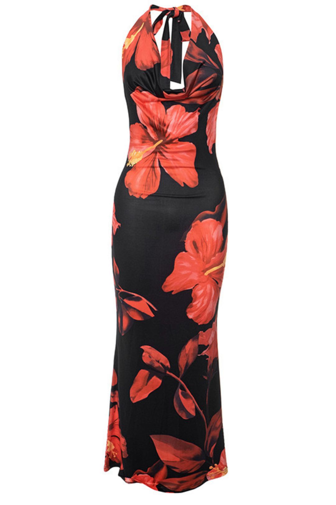 Halter Neck Backless Flower Print Slim Long Dress