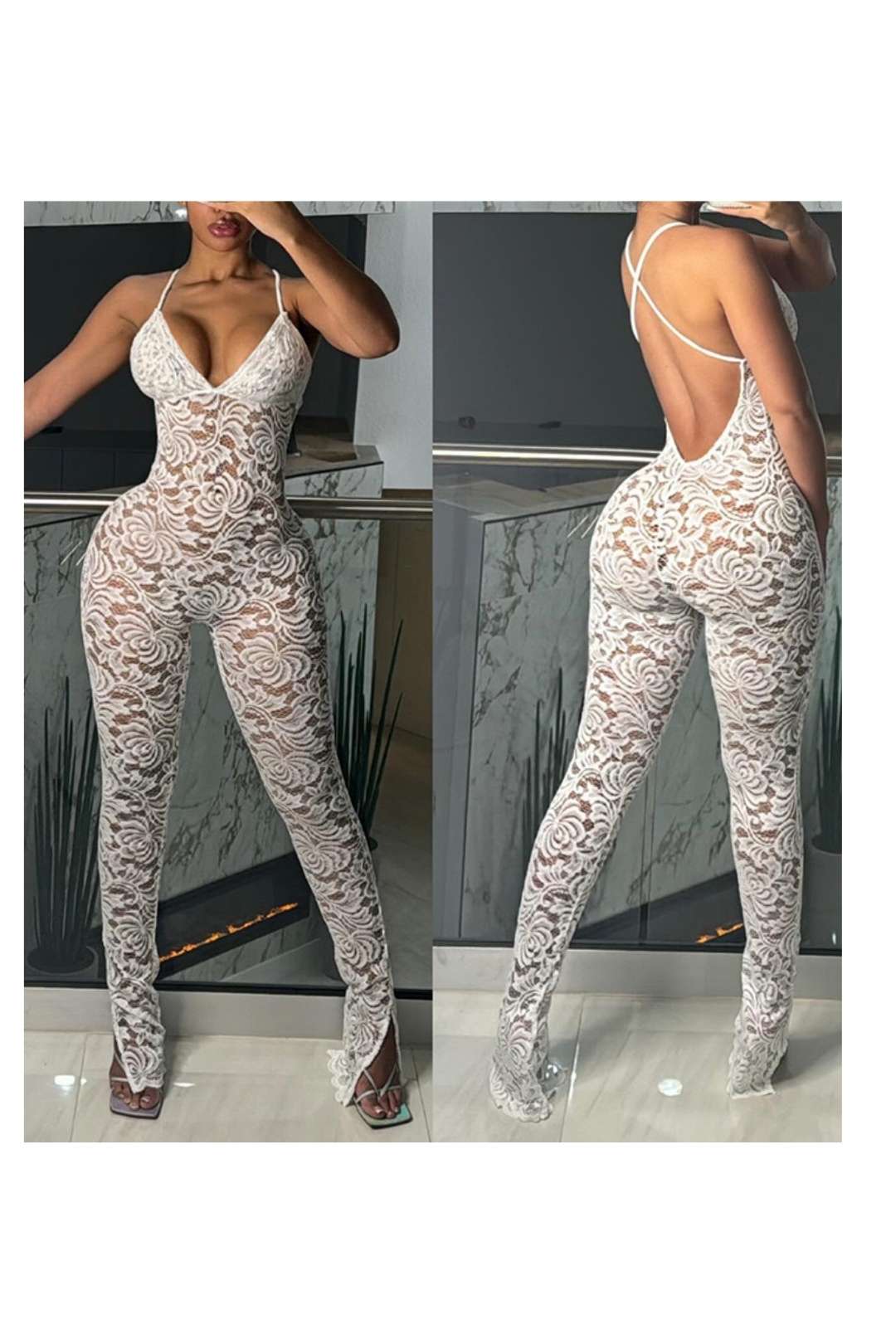 Sexy Deep V Suspender Backless Lace See-through Tights Jumpsuit