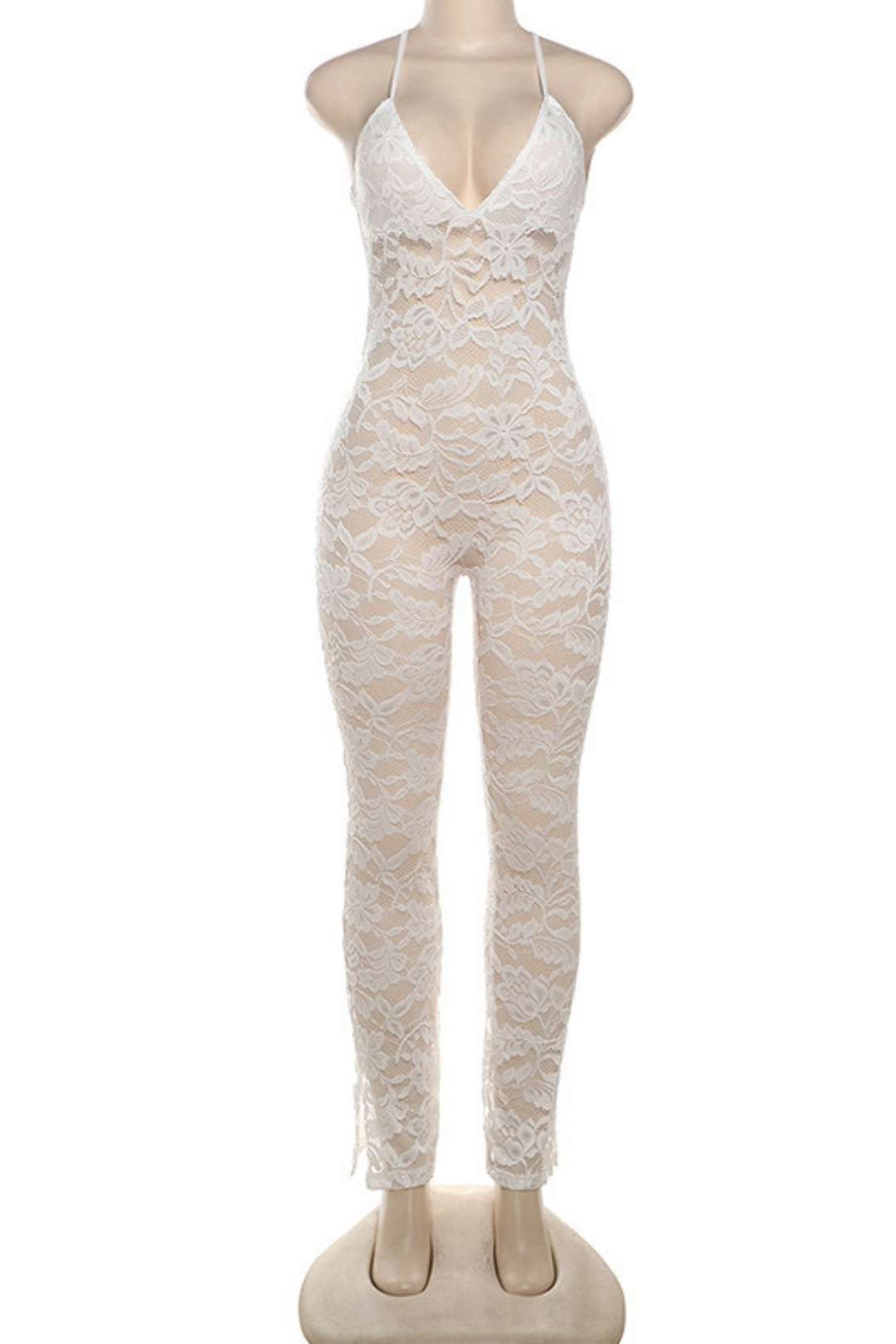 Sexy Deep V Suspender Backless Lace See-through Tights Jumpsuit