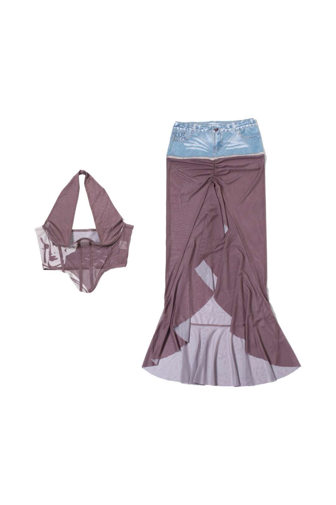 Sexy Splicing Halter Neck Fishbone Irregular Long Skirt Suit