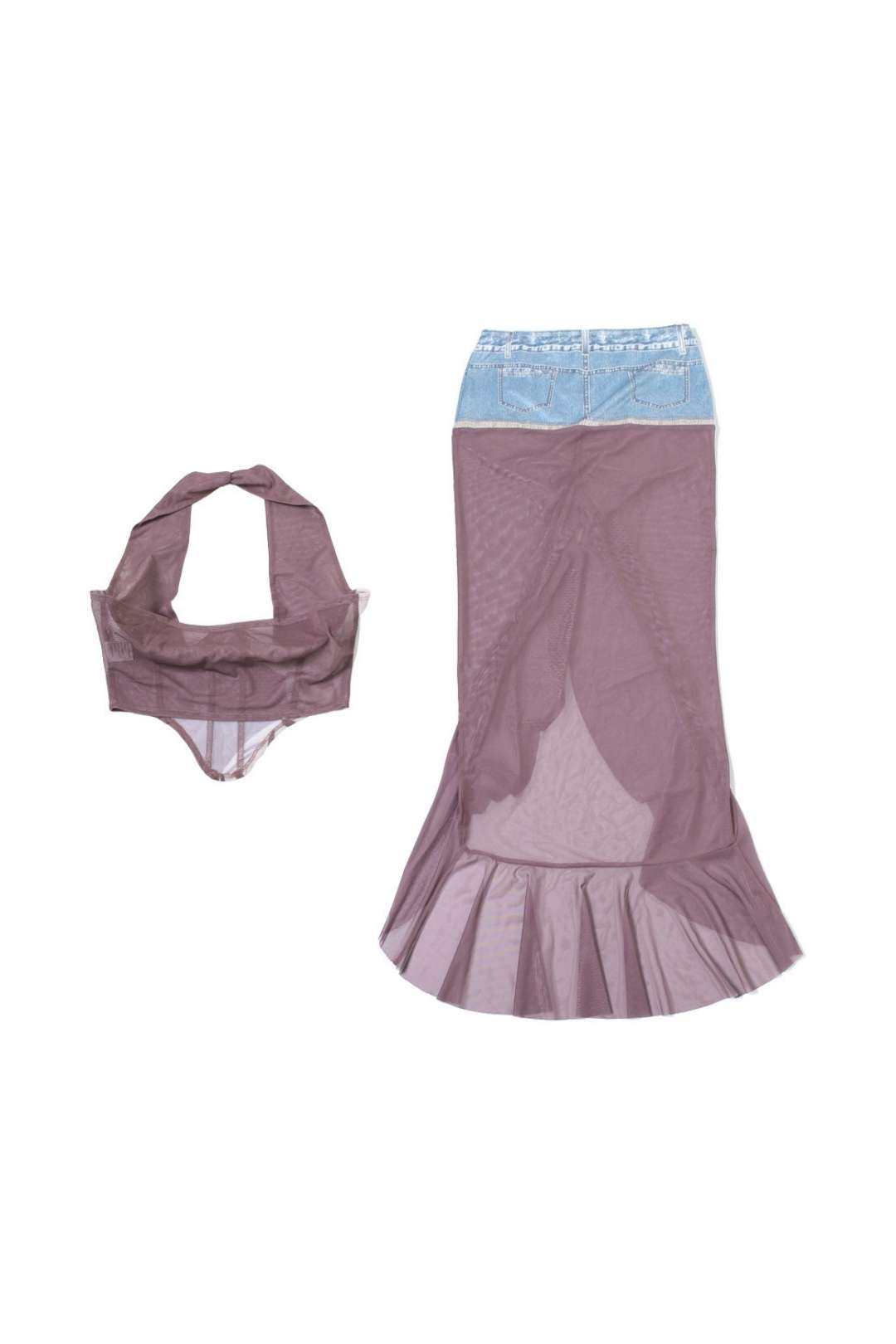 Sexy Splicing Halter Neck Fishbone Irregular Long Skirt Suit