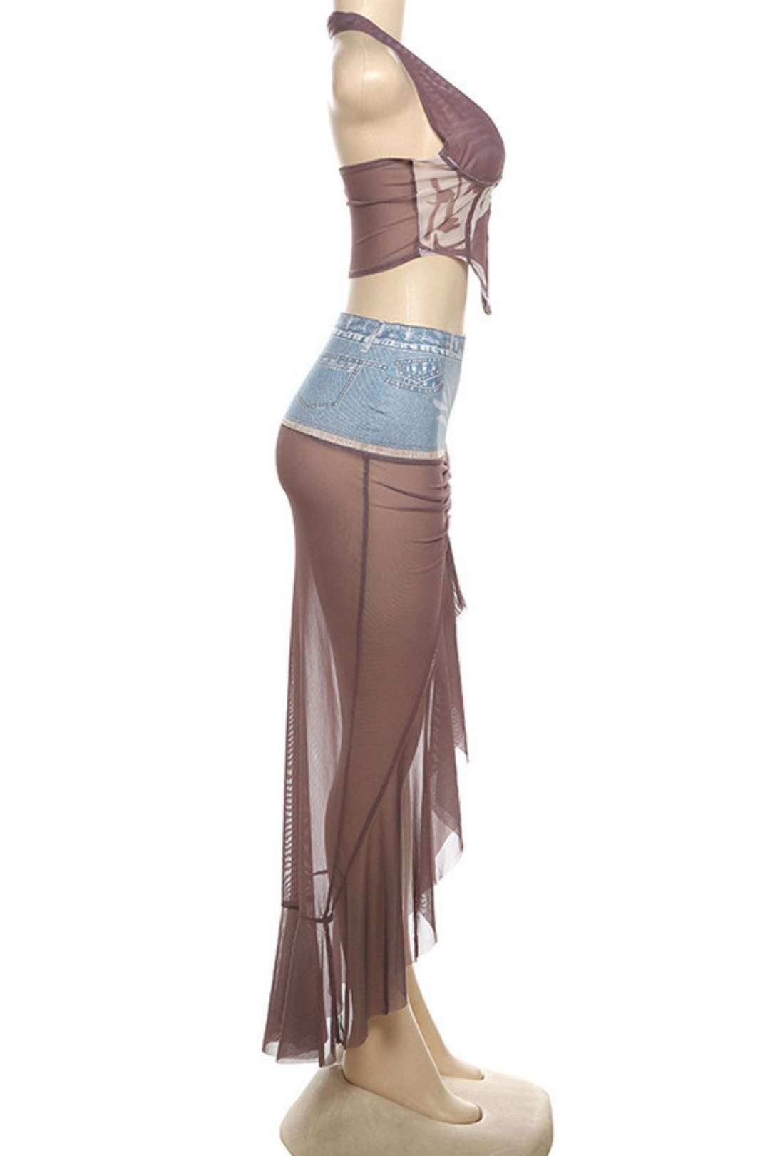 Sexy Splicing Halter Neck Fishbone Irregular Long Skirt Suit