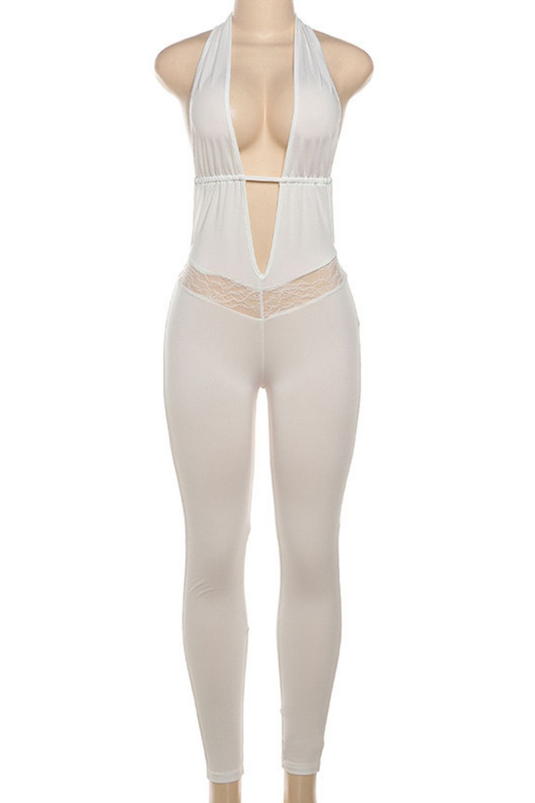 Halter Neck Deep V-neck Backless Lace Hollow Slim Trousers Jumpsuit