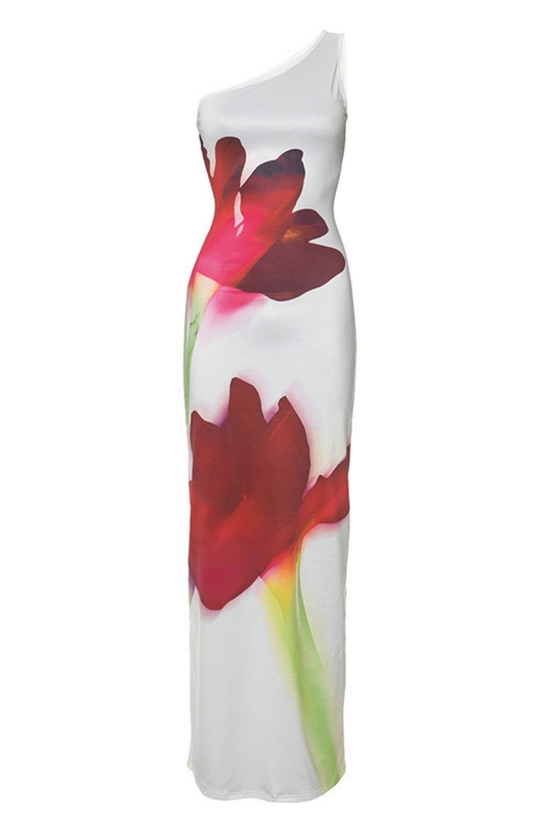 Printed Slanted Shoulder Sleeveless Slit Dres